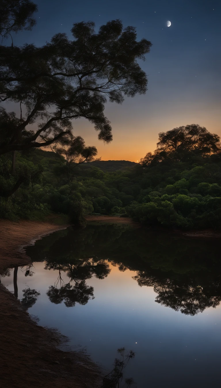 Noite de lua cheia brilhante, lake reflecting the shadow of an ipê tree. Sense of tranquility and natural beauty. transmitir impacto visual impressionante. ultra realista e detalhado. lua cheia com bastante destaque na imagem.