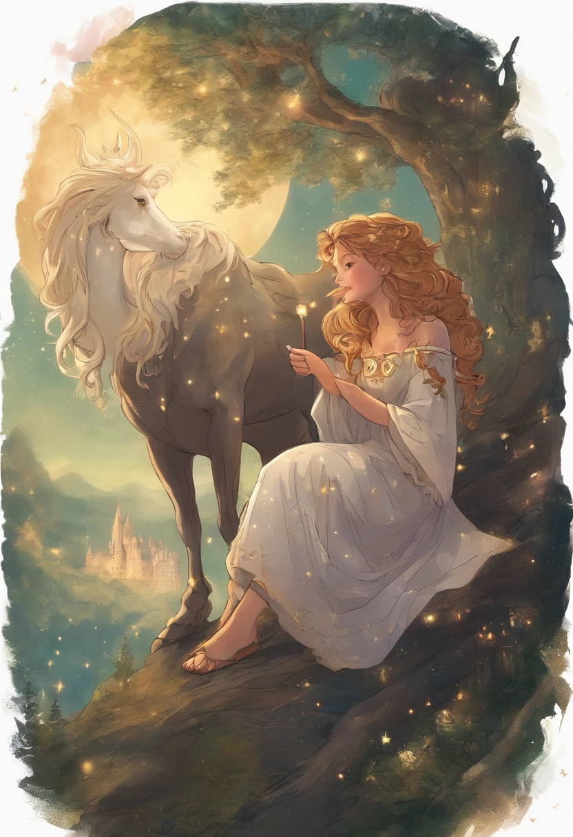 Centaur pointing to the sky and a -yeld giwith curly hair sitting on the floor, Floresta, Hogwarts robes, students sitting on the floor, Magic, Noite, luzes de vagalumes, Stars in the sky