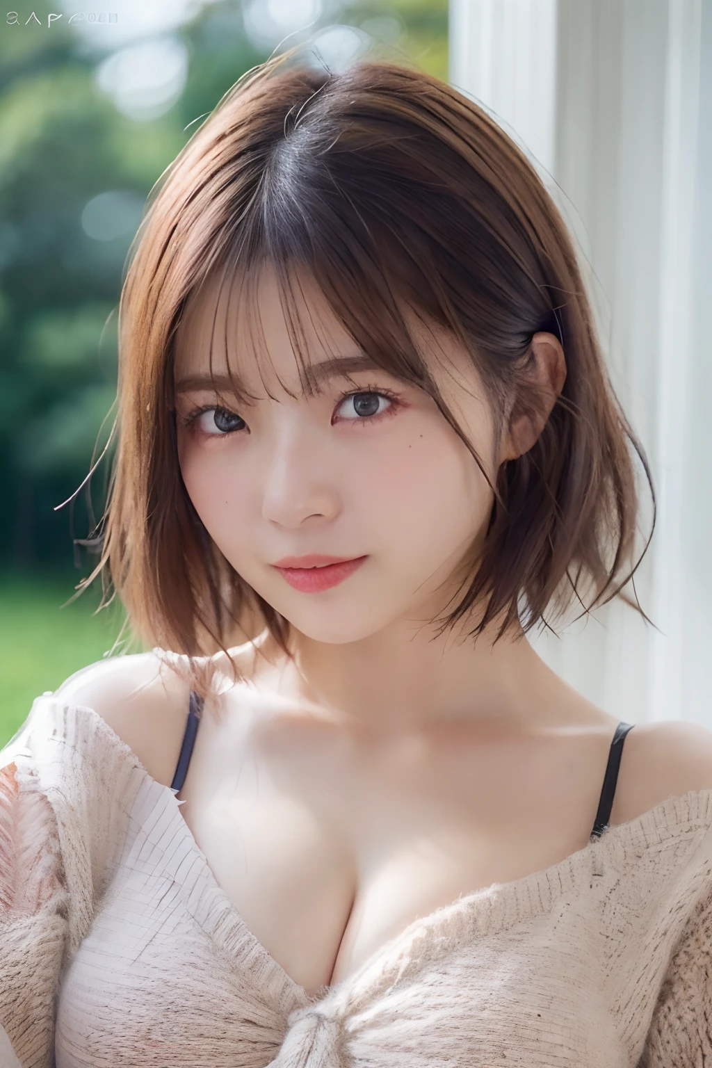 1womanl、25-years old、hyperdetailed face、Detailed lips、A detailed eye、二重まぶた, (Medium short hair、Huge breasts:1.5)、summer sweater:1.1, ((top-quality、8K、Photorealsitic, masterpiece:1.3))