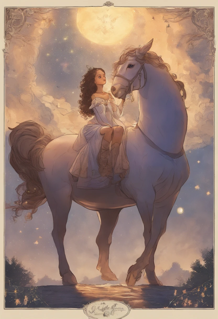 Centaur pointing to the sky and a -yeld giwith curly hair sitting on the floor, Floresta, Hogwarts robes, students sitting on the floor, Magic, Noite, luzes de vagalumes, Stars in the sky, realista