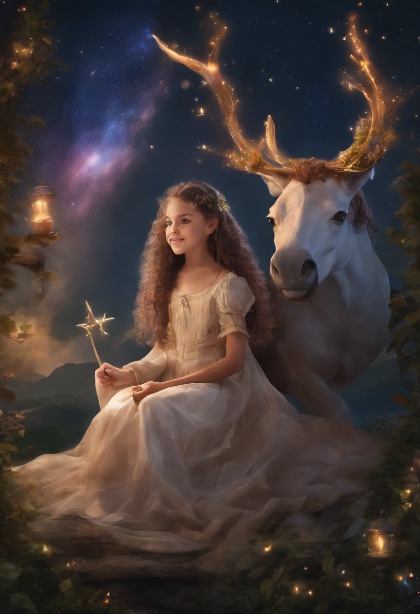 Centaur pointing to the sky and a 12-year-old girl with curly hair sitting on the floor, Floresta, Hogwarts robes, students sitting on the floor, Magic, Noite, luzes de vagalumes, Stars in the sky, realista