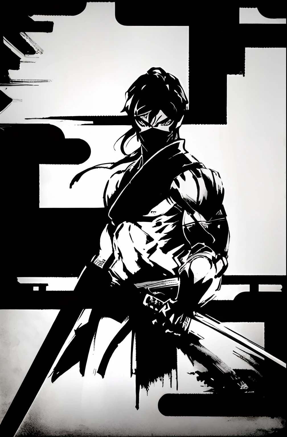 shinkawa youji, cyborg ninja, 1boy, cyborg, greyscale, male focus, monochrome, ninja, solo, sword, weapon, ((masterpiece))