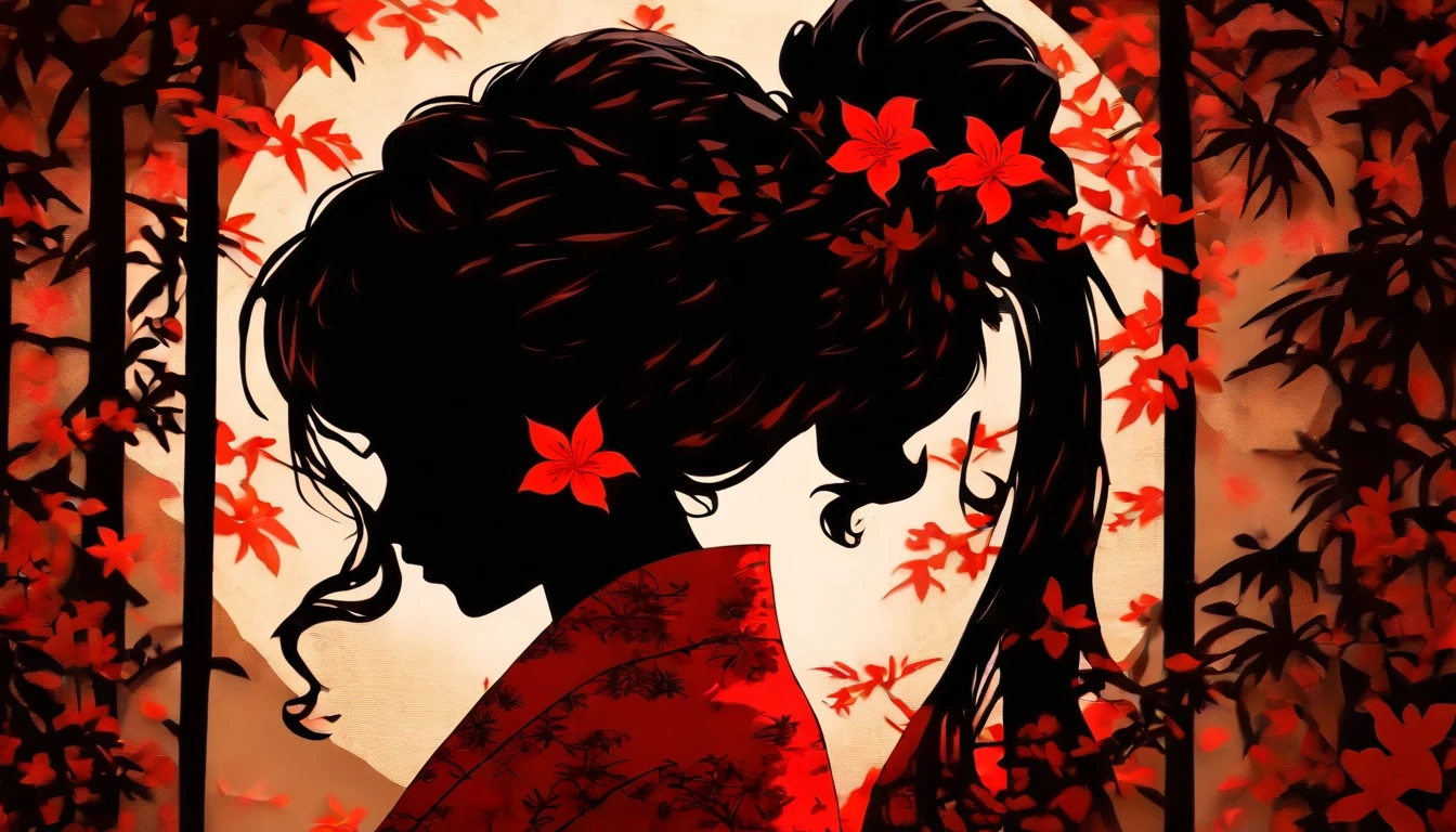 (Silhouette Art,cutouts:1.6)
(((Paper cutting art,A world where only black exists:1.3)
(Cowboy Shot),1 girl,Solo,
(Kimono Girl,profile:1.2),white, Clear and beautiful face,
BREAK
(Single Red Lily Flower)
Textured glass background,