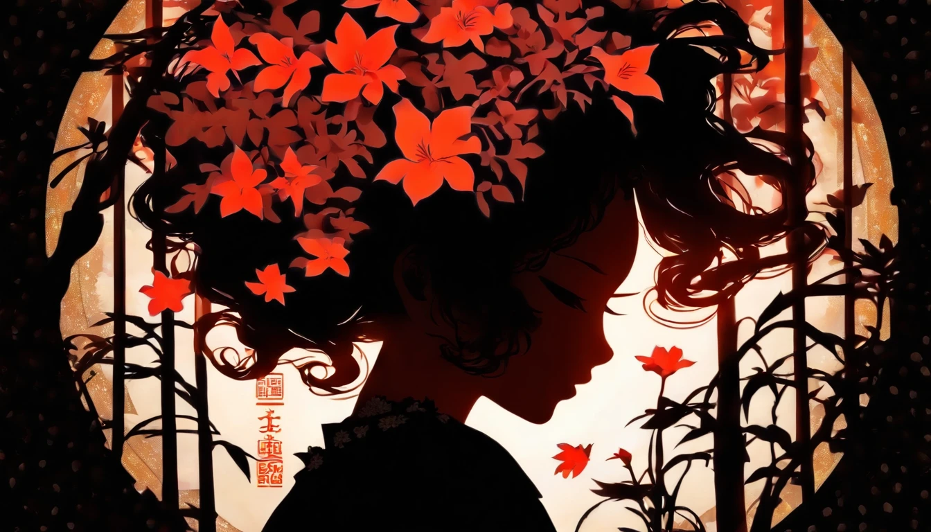 (Silhouette Art,cutouts:1.6)
(((Paper cutting art,A world where only black exists:1.3)

(Cowboy Shot),1 girl,Solo,
(Kimono Girl,profile:1.2),white, Clear and beautiful face,

BREAK
(Single Red Lily Flower)
Textured glass background,