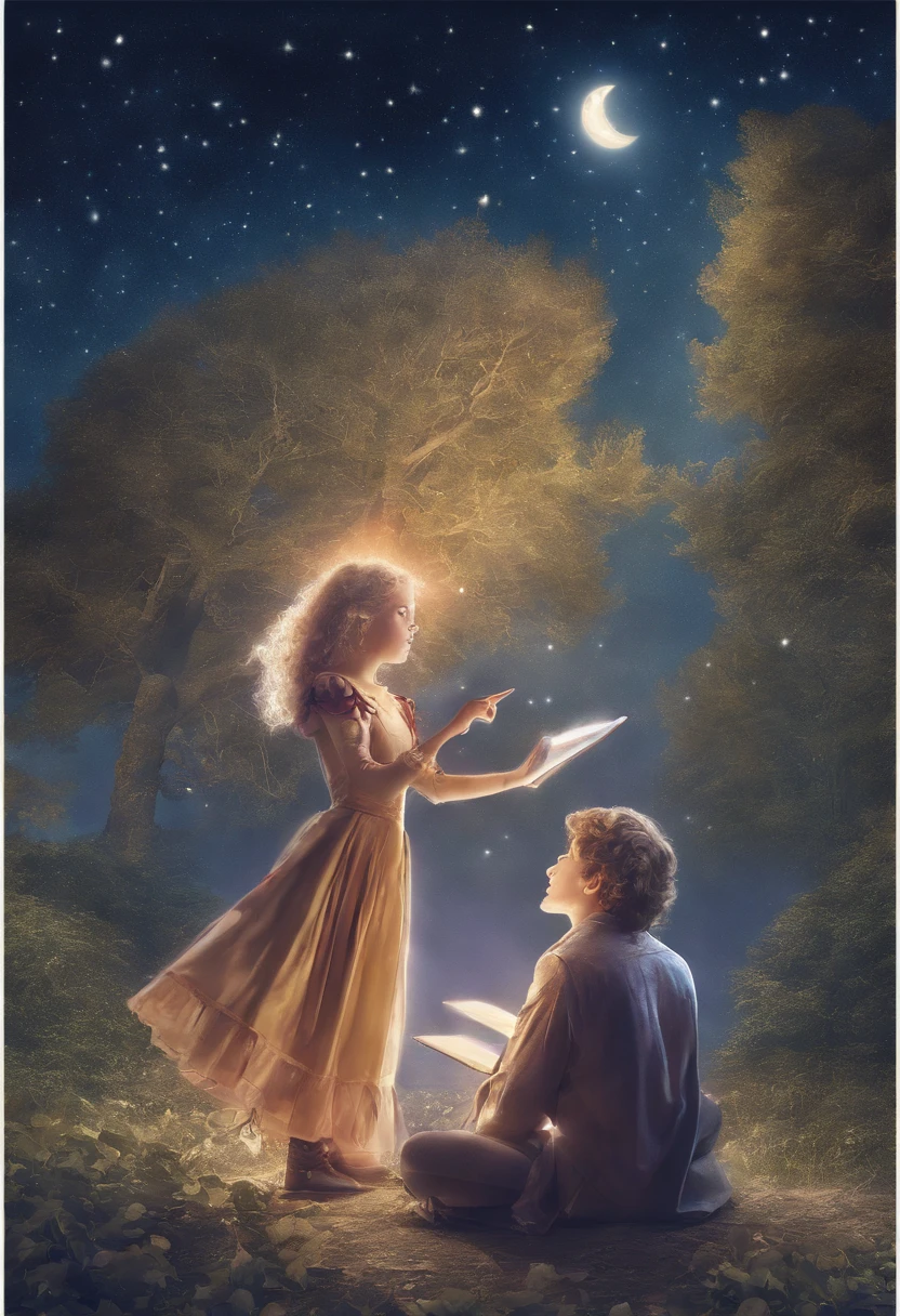 A half-horse man pointing to the sky and a -yeld giwith curly hair sitting on the ground, Floresta, Hogwarts robes, students sitting on the floor, Magic, Noite, luzes de vagalumes, Stars in the sky, realista