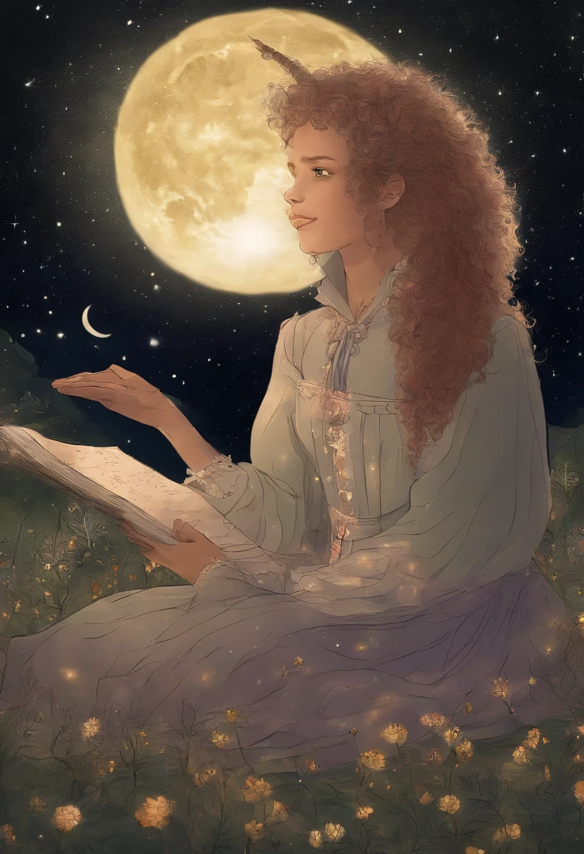 A half-horse man pointing to the sky and a -yeld giwith curly hair sitting on the ground, Floresta, Hogwarts robes, students sitting on the floor, Magic, Noite, luzes de vagalumes, Stars in the sky, realista