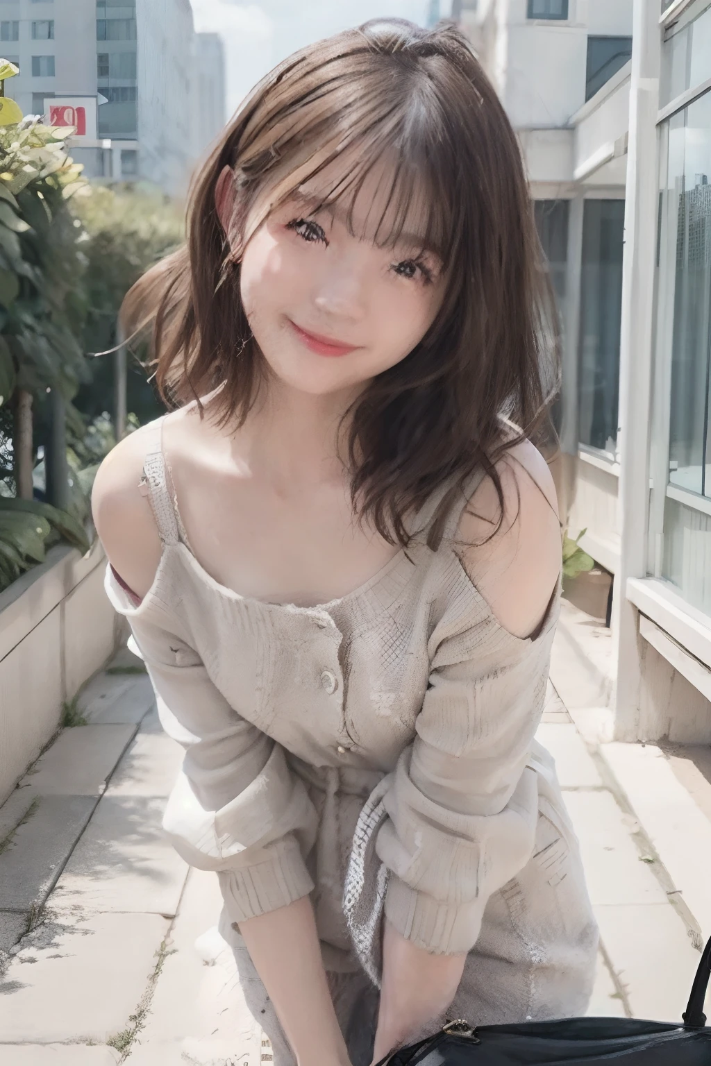 (delicate illustration:1.3)、(masterpiece:1.0)、(top-quality:1.4)、(超A high resolution:1.2)、(Photorealsitic:1.4)、(8K、Raw photography:1.2)、(foco nítido:1.3)、fullllbody、(23years old:1.4)、(((One girl wearing a detailed off-shoulder knitted dress)))、((Girl with short bob hair))、(Brightly colored clothing)、(Fashionable patterned clothes)、(((urban backdrop)))、((Brown contacts white skin))、鎖骨、hugetits、(Happy smiling face)、landscapes、bangss:1.2、beatiful detailed eyes、(sface focus)、 When you look into the camera、Slimed、Slender West、Thin leg、(cute little)、(Beautiful fece)、showing the view from above、pureerosface_v1、ulzzang -6500-v1.1