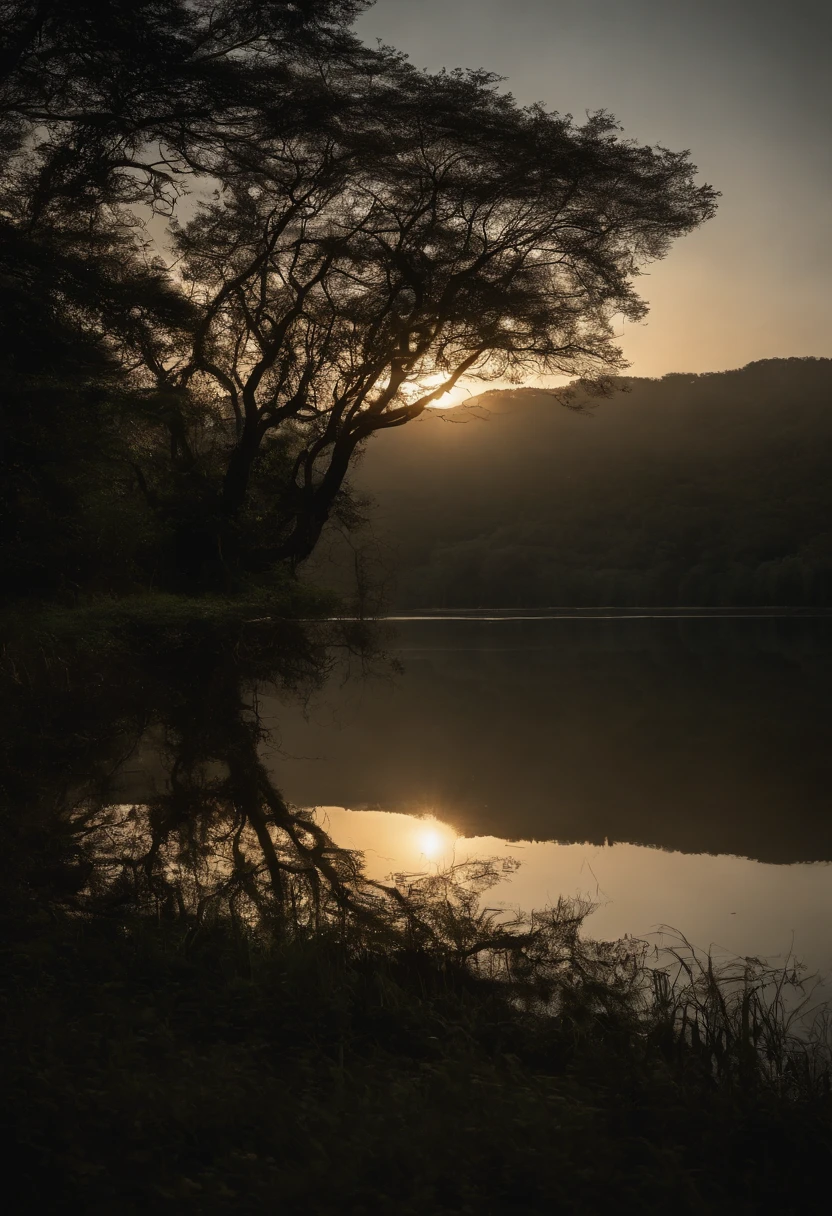 Noite de lua cheia brilhante, lake reflecting the shadow of an ipê tree. Sense of tranquility and natural beauty. transmitir impacto visual impressionante. ultra realista e detalhado. lua cheia com bastante destaque na imagem.