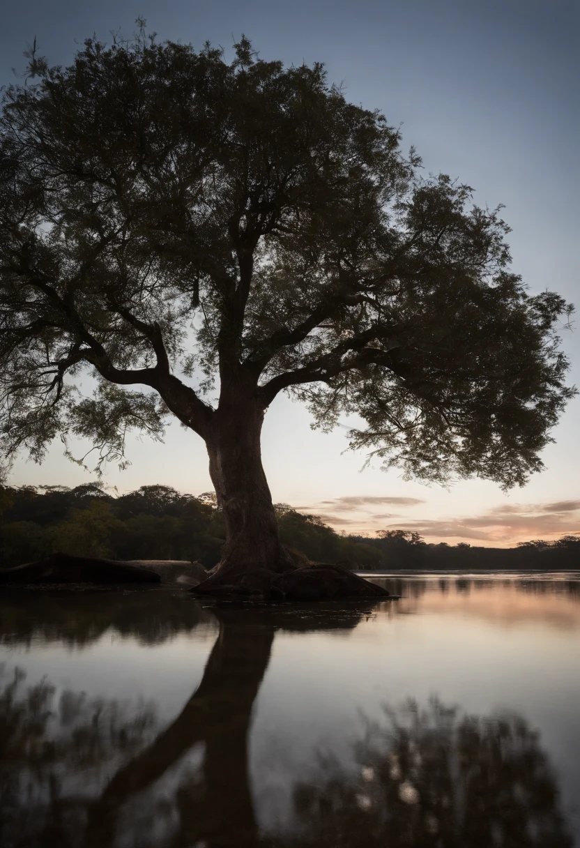 Noite de lua cheia brilhante, lake reflecting the shadow of an ipê tree. Sense of tranquility and natural beauty. transmitir impacto visual impressionante. ultra realista e detalhado. lua cheia com bastante destaque na imagem.