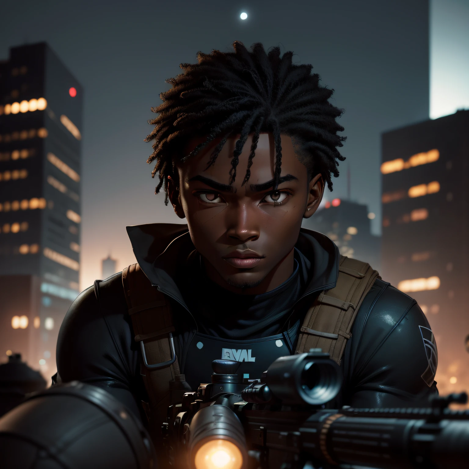 A focused young Black sniper on a moonlit night, hidden in the shadows on a city rooftop, (((comic book style))), hd, (((normal black eyes)))