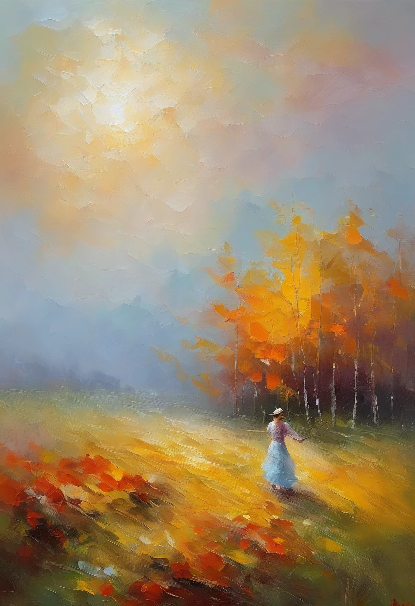 masterpiece、top-quality、morning、stroll。pup、1girl in、Cloud Girl、floating in sky、a closeup、with light glowing、Happiness、Fresh morning sunshine、(Spark:0.7) 、stroll、landscapes