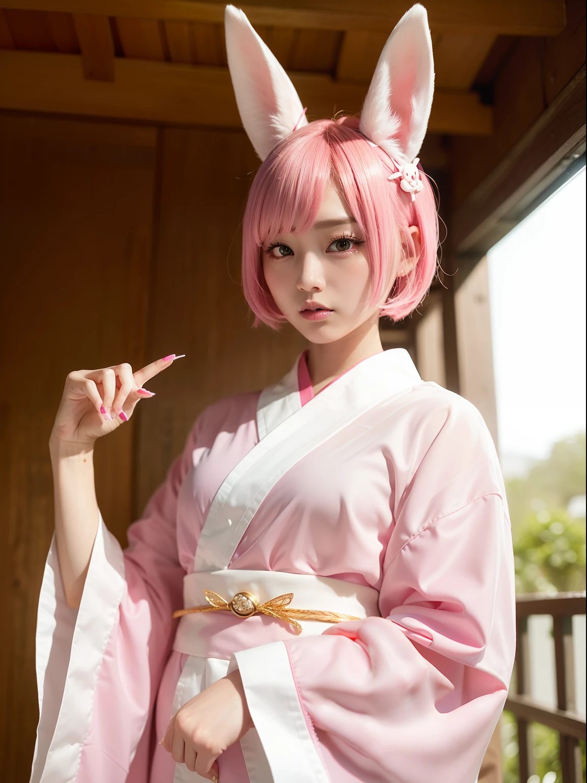 Night shrine、Pink hair、japanese kimono、White yukata、Realistic rabbit ears、rabbit ears pink hair sticking out of the head,,,、Hannya mask、Hannya Mask、Bewitching atmosphere、Beautiful shaped hands、K-POP、Pink rabbit ears、1 girl in、独奏、masterpiece、top-quality、realisitic、Hyper-detailing、(Glossy skin:1.4)、absurderes、short pink hair、Slender beauties、动态照明、hight resolution、foco nítido、depth of fields、(thick thight:1.0)、A slender :1.2、((Short-cut bob hair))、((k pop:1.3))、Highly detailed facial and skin texture、((魅惑的))、Anatomically correct number of fingers、Correct anatomy、Angle from below