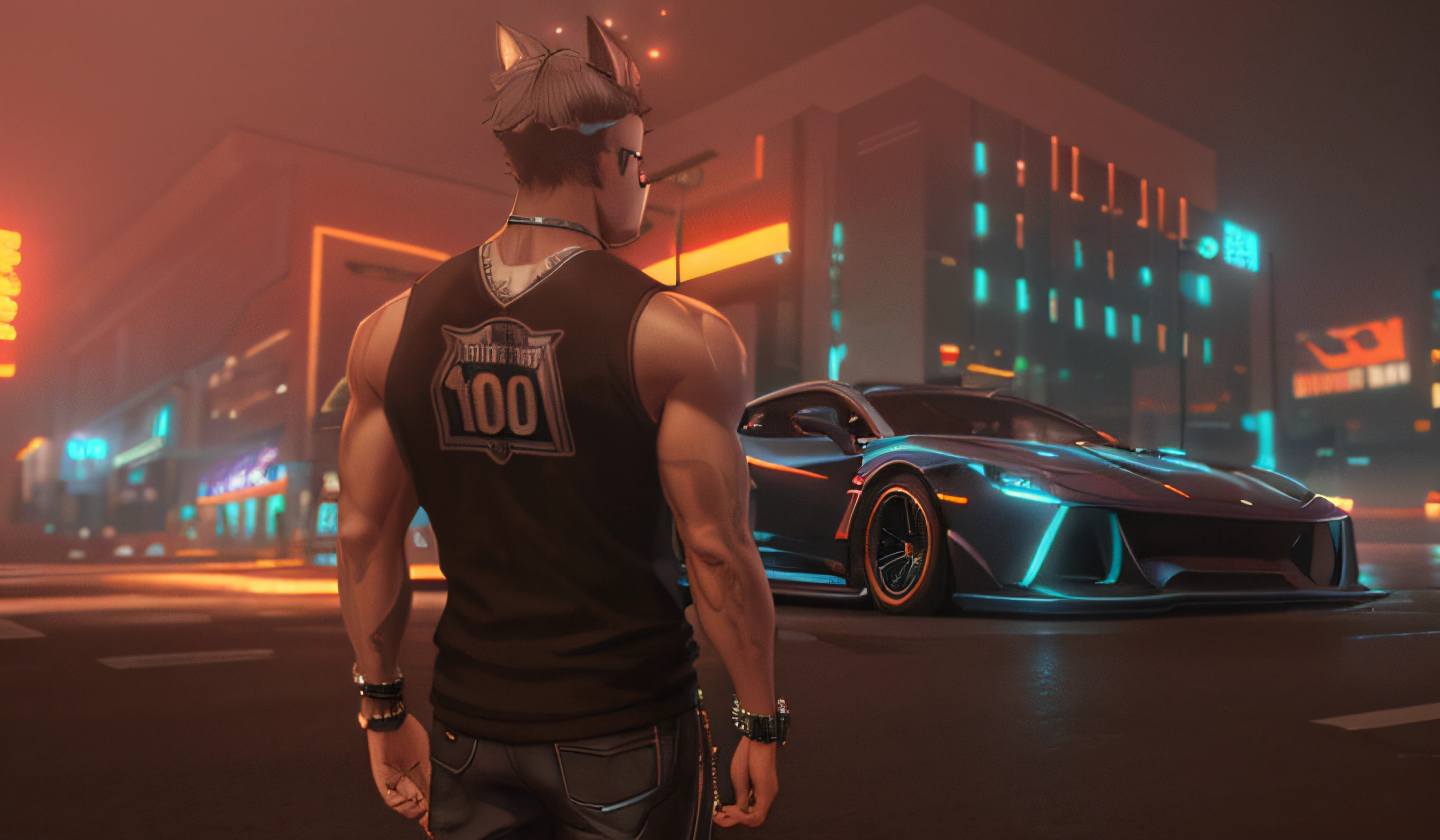 Seen from the back There's a man standing in the street with the head and ears of a cat with a car in the background, muscular! Cyberpunk, gta 10 style, Octane. trending on ArtStation, rendering, badass anime 8k, GTA V style artwork, 8k octane 3d rendering,