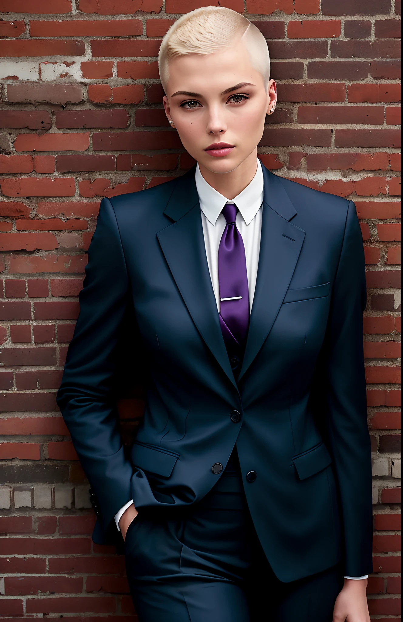 leaning against as brick wall, beautiful womam, blonde, buzz cut, suit jacket, 1girl