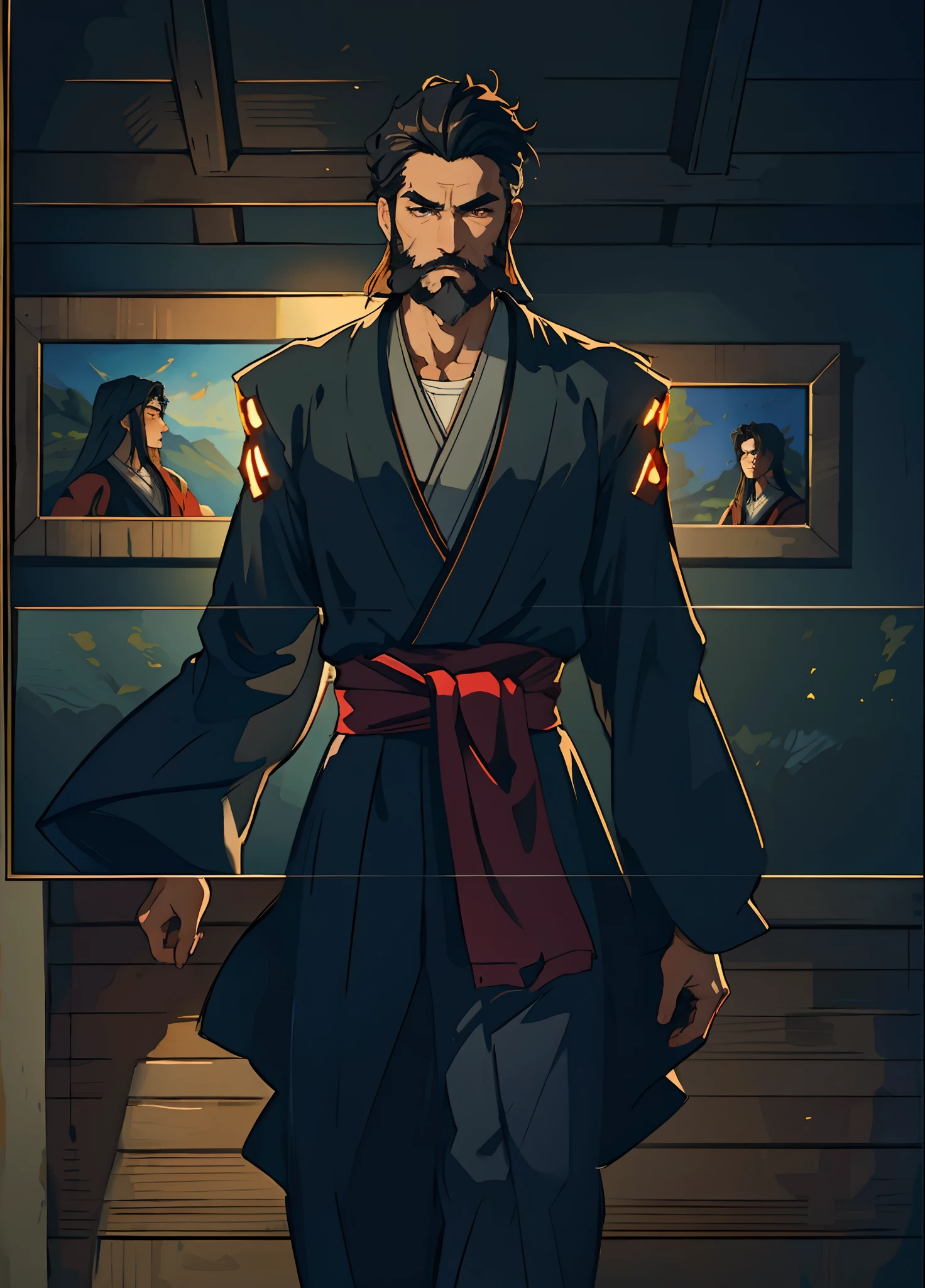 a middle-aged man around 50 years old, with a beard and well-defined facial features, a loose two-piece fantasy-realism style Dao robe, with black as the main color and red as the accent color in the design, this character embodies a finely crafted fantasy-style Chinese martial hero design in anime, characterized by a sophisticated and mature manga art style, high definition, best quality, highres, ultra-detailed, ultra-fine painting, extremely delicate, professional, anatomically correct, symmetrical face, extremely detailed eyes and face, high quality eyes, creativity, RAW photo, UHD, 8k, Natural light, cinematic lighting, masterpiece:1.5