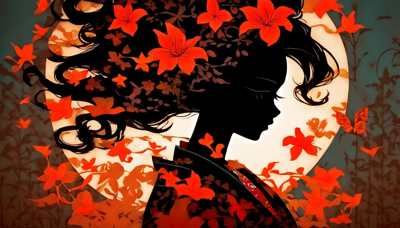 (Silhouette Art,cutouts:1.6)
(((Paper cutting art,A world where only black exists:1.3)
(Cowboy Shot),1 girl,Solo,
(Kimono Girl,profile:1.2),white, Clear and beautiful face,
BREAK
(Single Red Lily Flower)
Textured glass background,