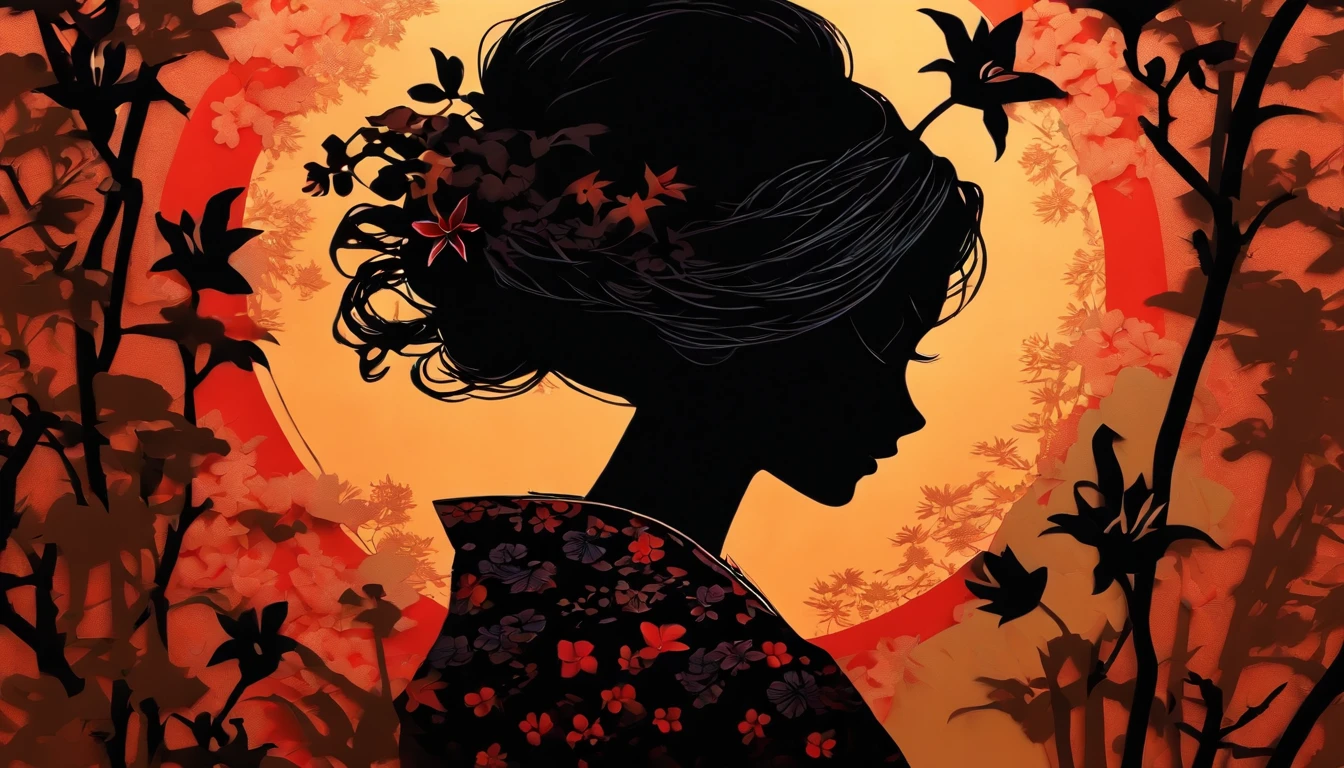 (Silhouette Art,cutouts:1.6)
(((Paper cutting art,A world where only black exists:1.3)

(Cowboy Shot),1 girl,Solo,
(Kimono Girl,profile:1.2),white, Clear and beautiful face,

BREAK
(Single Red Lily Flower)
Textured glass background,