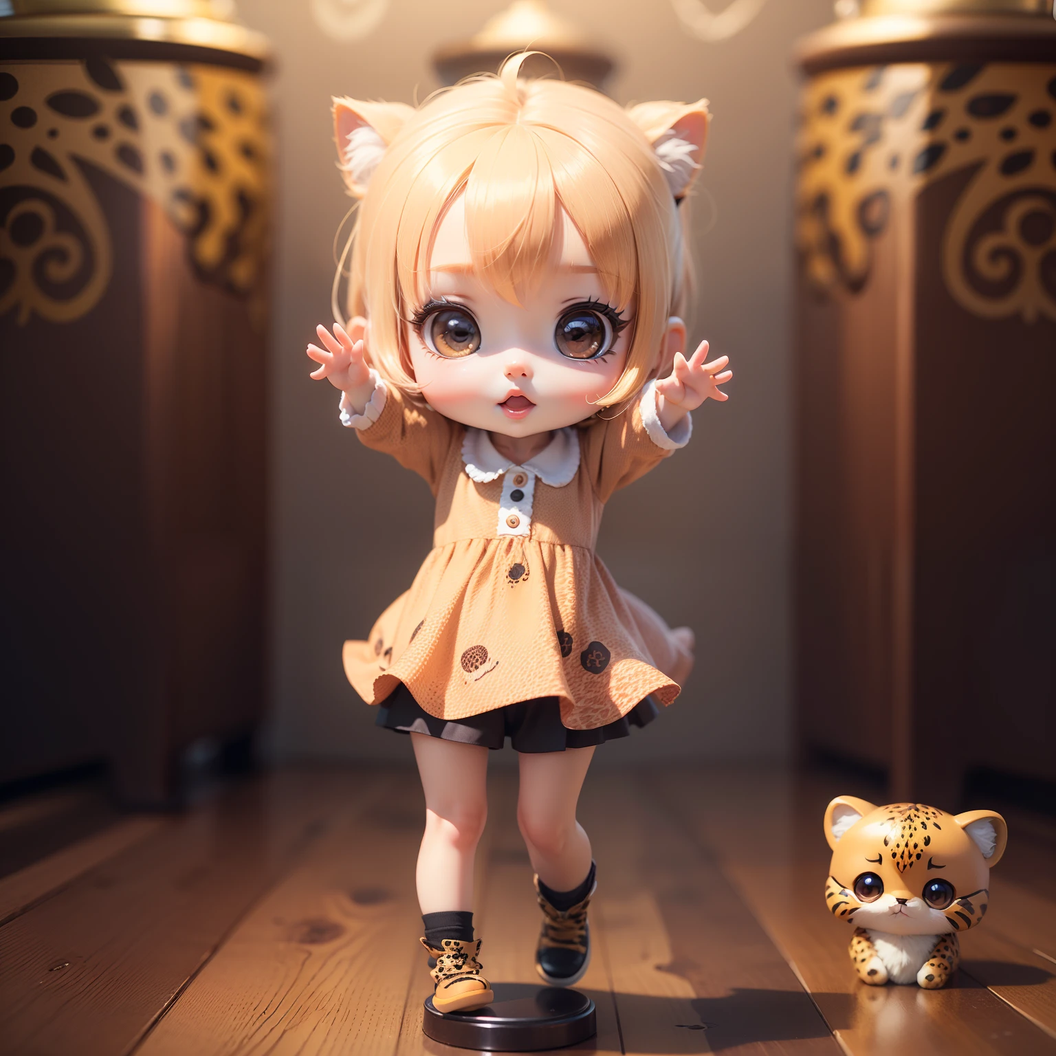 (Best Quality), (masutepiece), Charming chibi animation of cute baby with leopard-like face, (chibi 3d): 1.3, (A detailed face:1.2), (Standing posture:1.1), Royal T Heater Background,Jumping