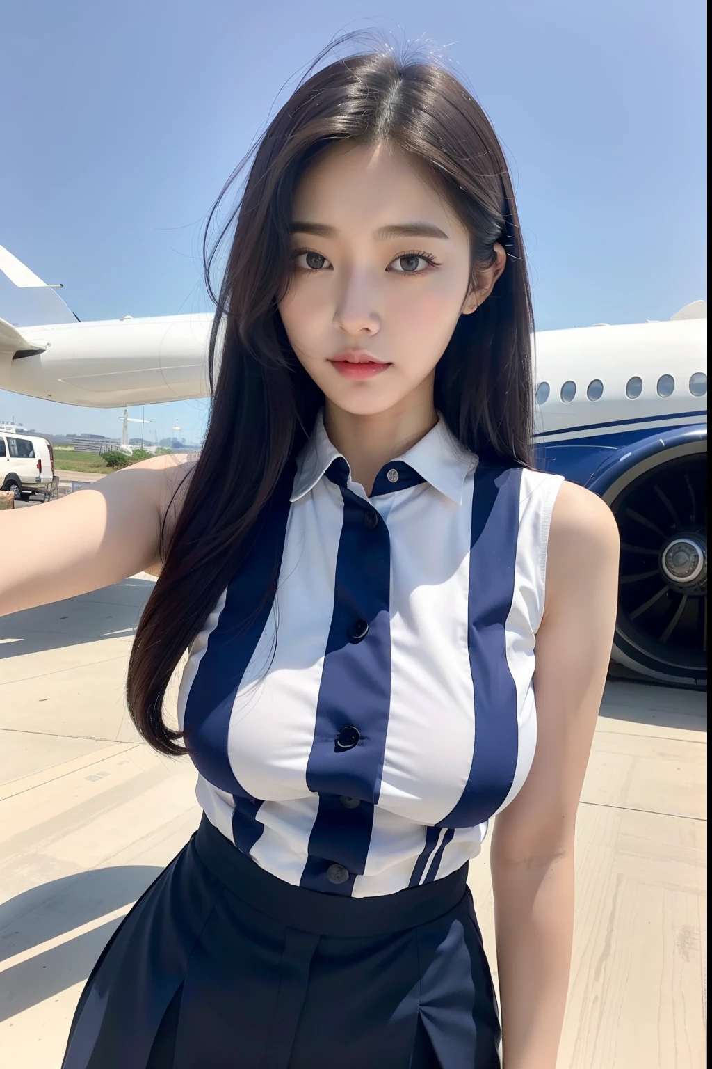 arafed asian woman in a blue and white uniform standing in front of a plane, cute pilot girl, korean girl, jaeyeon nam, beautiful south korean woman, cute girl wearing tank suit, pilot girl, taejune kim, korean woman, heonhwa choe, gorgeous young korean woman, girl with warship parts, wearing dirty ripped flight suit, beautiful south korean woman, korean girl, beautiful young korean woman, korean woman, heonhwa choe, korean women's fashion model, sexy look, big breast, sexy pose, show breast, grey hair