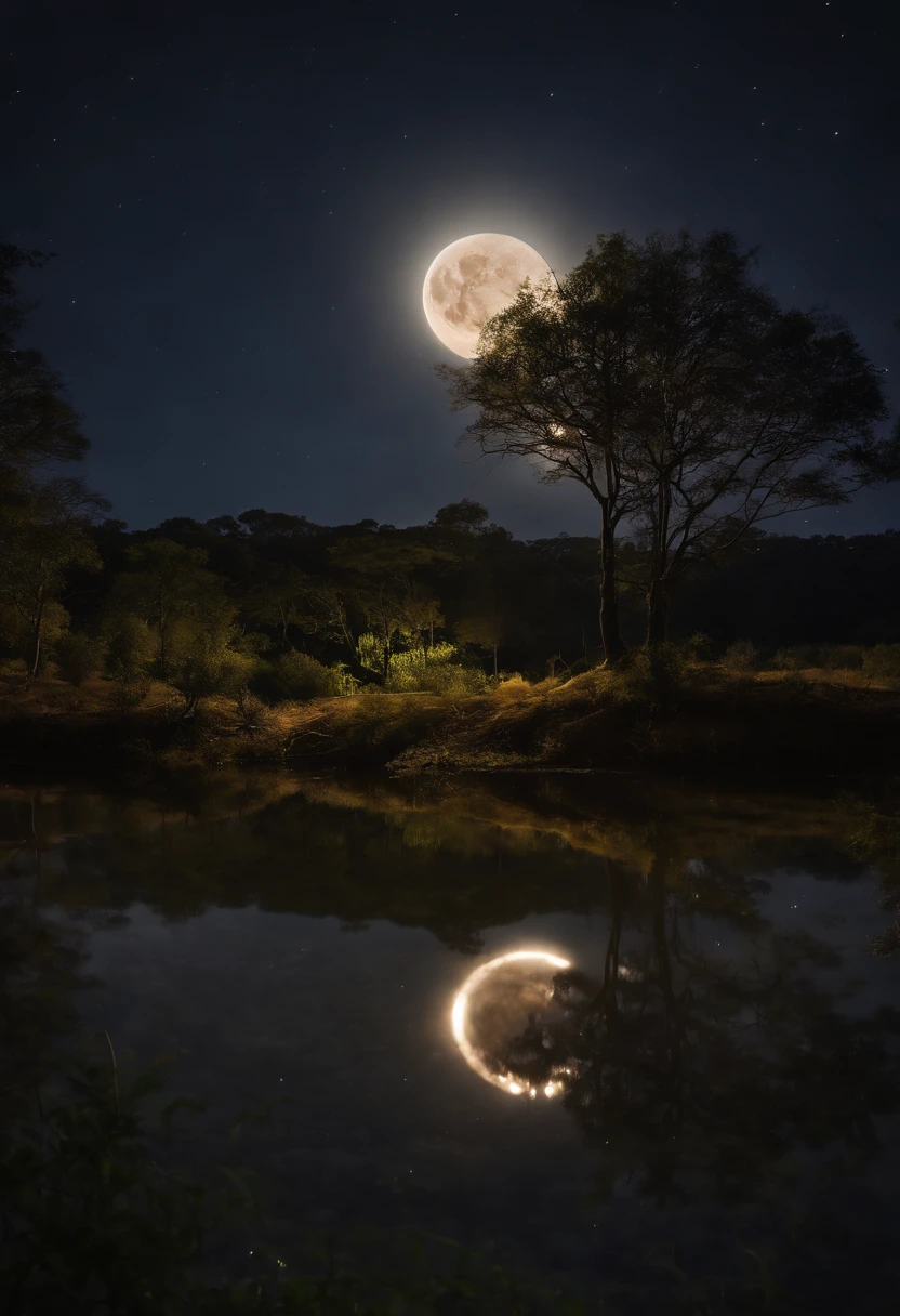 Cena de noite estrelada com lua cheia brilhante, lake reflecting the shadow of an ipê tree. Sense of tranquility and natural beauty. transmitir impacto visual impressionante. ultra realista e detalhado. lua cheia com bastante destaque na imagem. um lago e uma lua cheia, Arte realista altamente detalhada em 4k, paisagem natural noturna, Arte bonita UHD 4K, scenery artwork, epic beautiful landscape