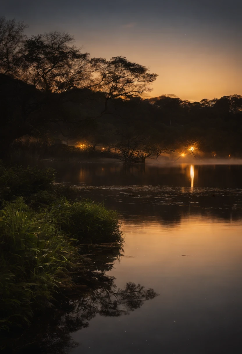 Cena de noite estrelada com lua cheia brilhante, lake reflecting the shadow of an ipê tree. Sense of tranquility and natural beauty. transmitir impacto visual impressionante. ultra realista e detalhado. lua cheia com bastante destaque na imagem. um lago e uma lua cheia, Arte realista altamente detalhada em 4k, paisagem natural noturna, Arte bonita UHD 4K, scenery artwork, epic beautiful landscape