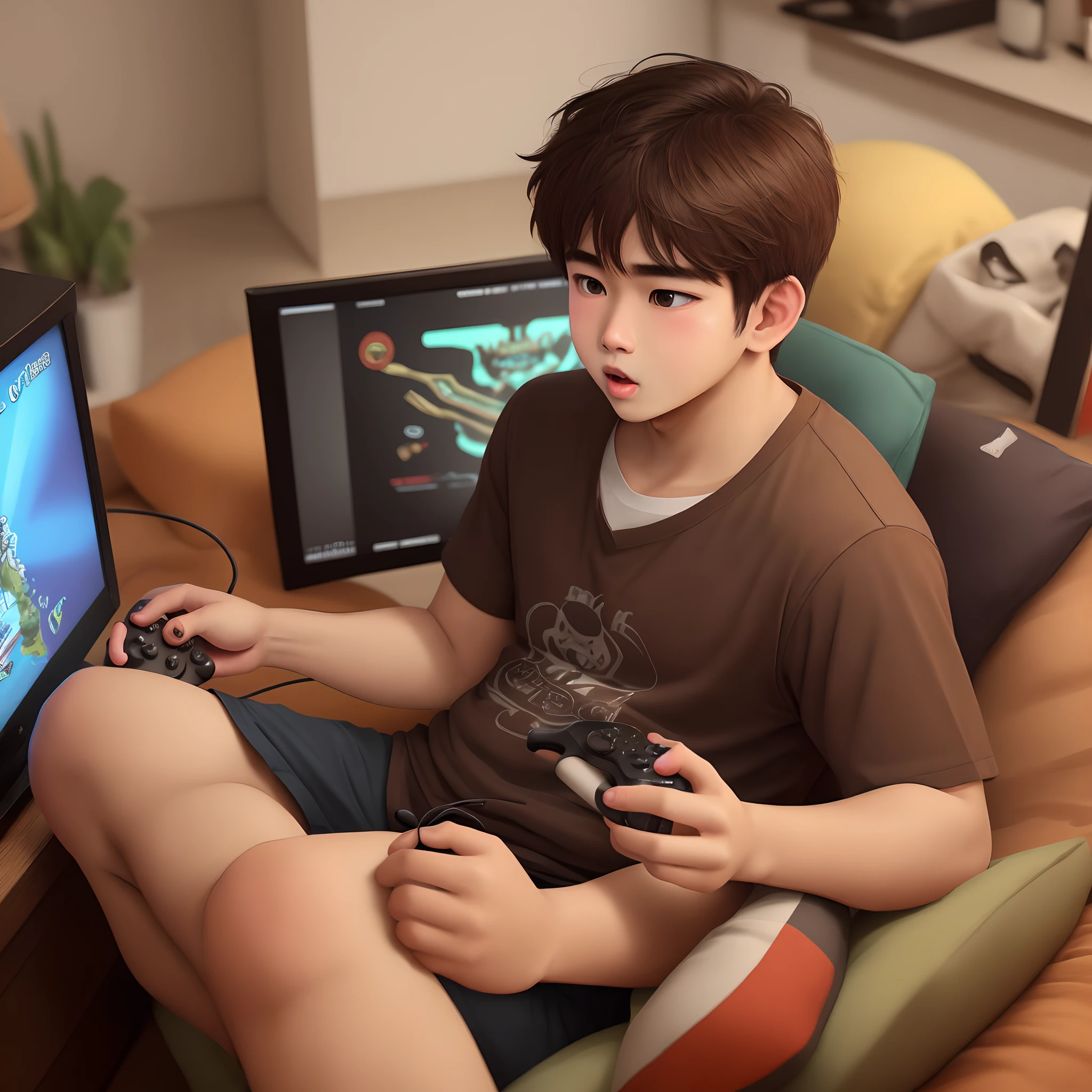 Medium-sized man in shorts sits on a bed in a dormitory，Play mobile games