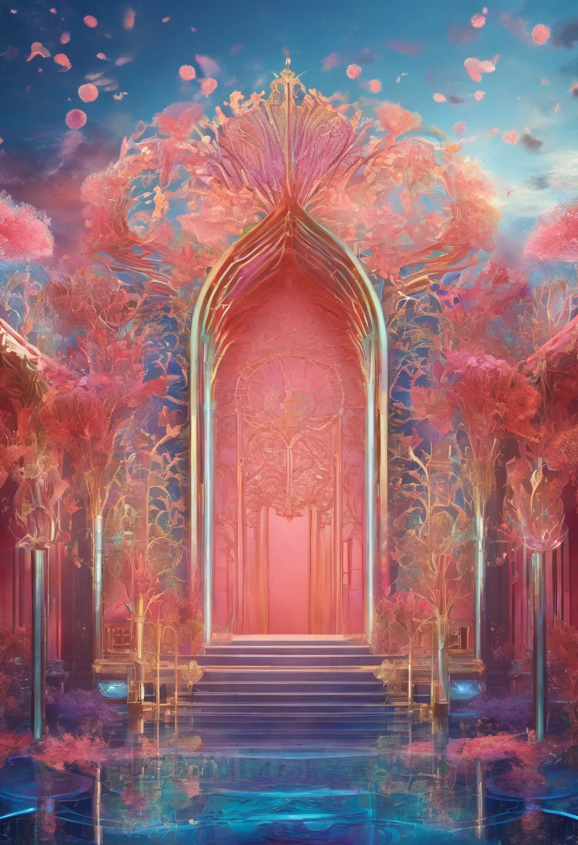 Virtual Scene Design, Coral Art Installation on Blue Sea, galvanized fiberglass with rainbow gradation, Surreal visual representation, majestic architecture, Unique, Convoluted, exquisitedetails,（blender, OC rendering, Natural light, Ray tracing, 8K）