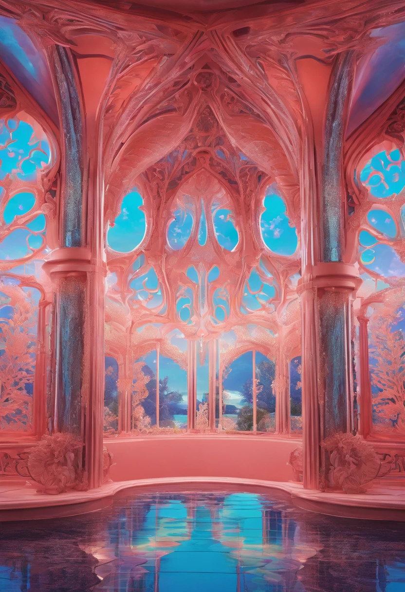 Virtual Scene Design, Coral Art Installation on Blue Sea, galvanized fiberglass with rainbow gradation, Surreal visual representation, majestic architecture, Unique, Convoluted, exquisitedetails,(blender, OC rendering, Natural light, Ray tracing, 8K)