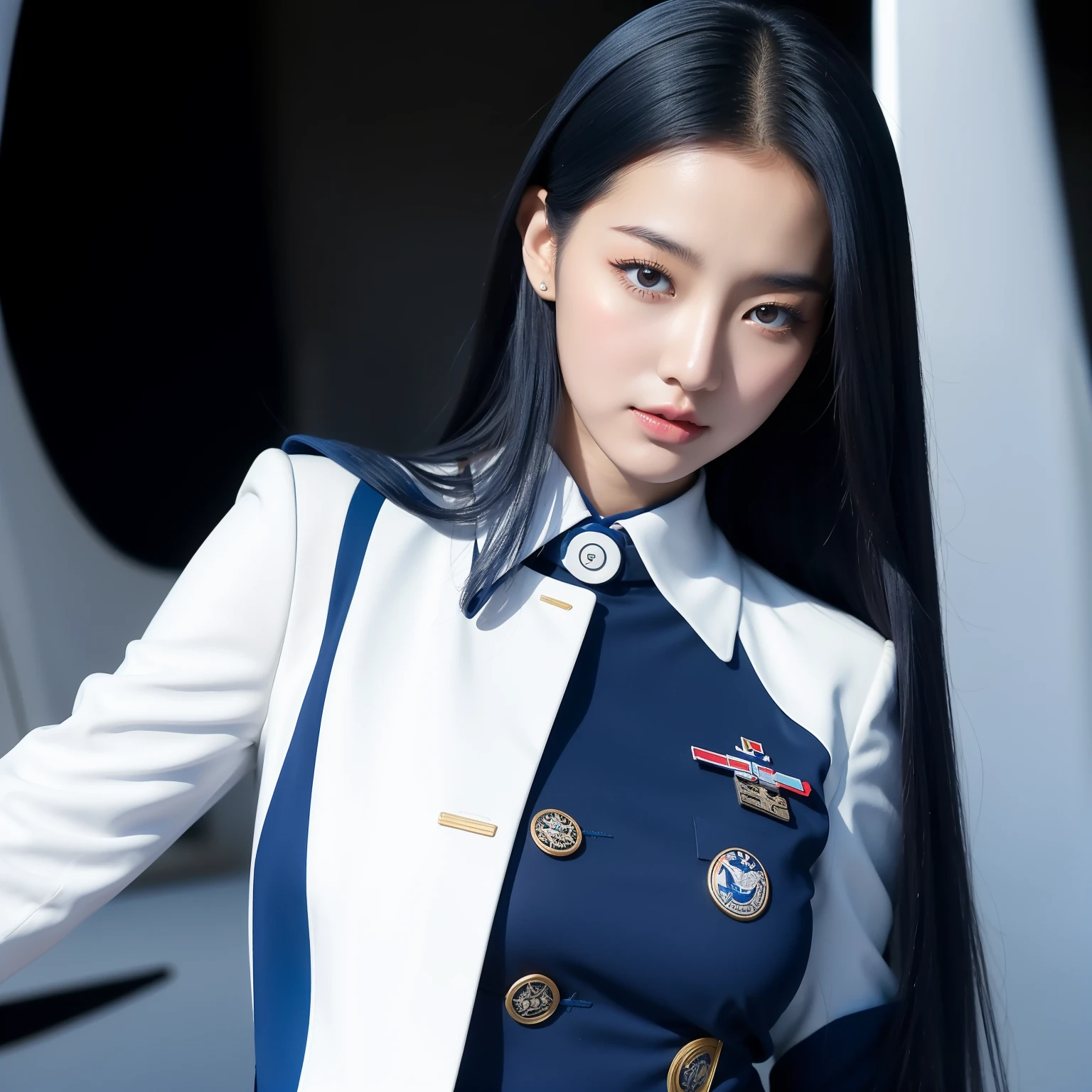 arafed asian woman in a blue and white uniform standing in front of a plane, cute pilot girl, korean girl, jaeyeon nam, beautiful south korean woman, cute girl wearing tank suit, pilot girl, taejune kim, korean woman, heonhwa choe, gorgeous young korean woman, girl with warship parts, wearing dirty ripped flight suit, beautiful south korean woman, korean girl, beautiful young korean woman, korean woman, heonhwa choe, korean women's fashion model, sexy look, big breast, sexy pose, show breast, light blue hair