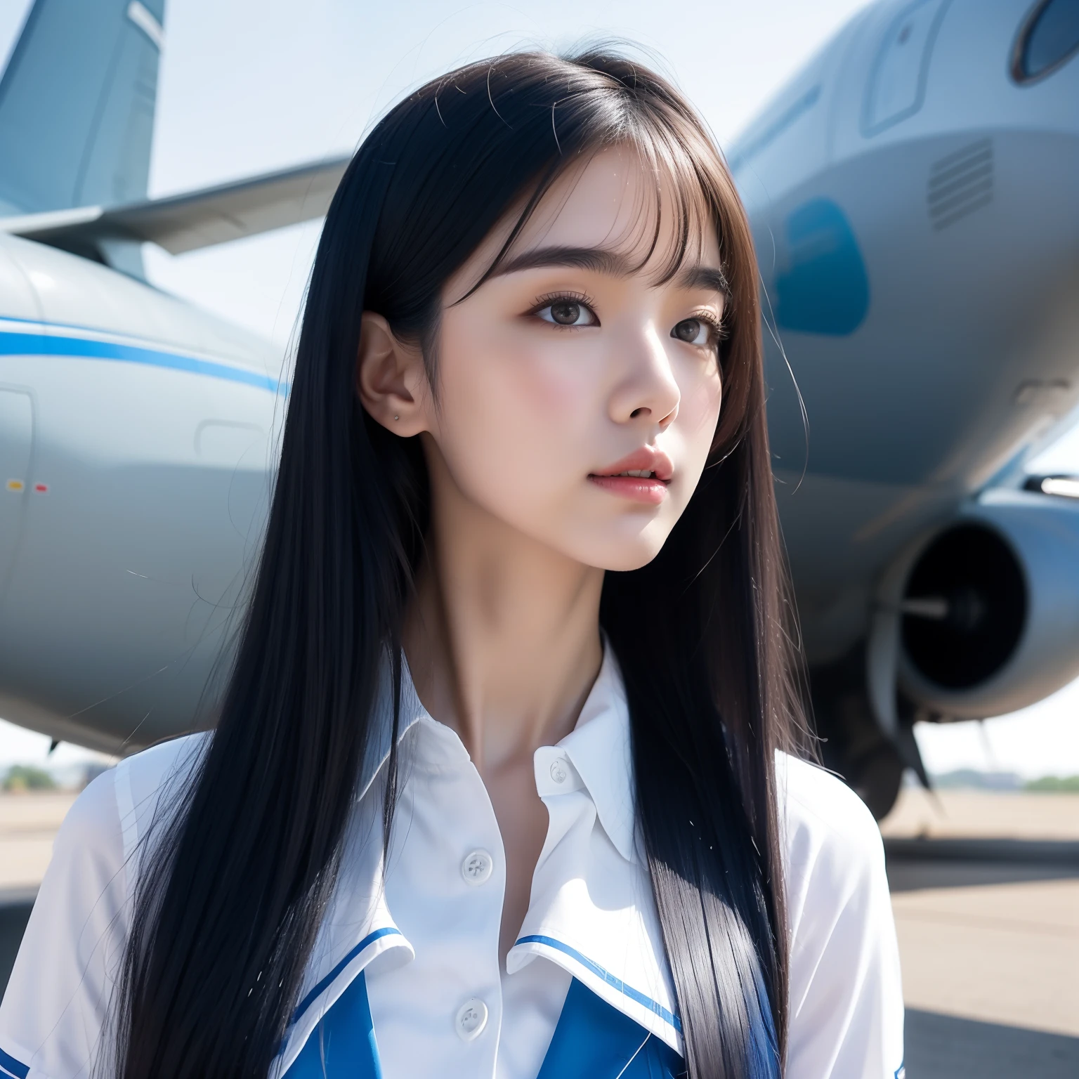 arafed asian woman in a blue and white uniform standing in front of a plane, cute pilot girl, korean girl, jaeyeon nam, beautiful south korean woman, cute girl wearing tank suit, pilot girl, taejune kim, korean woman, heonhwa choe, gorgeous young korean woman, girl with warship parts, wearing dirty ripped flight suit, beautiful south korean woman, korean girl, beautiful young korean woman, korean woman, heonhwa choe, korean women's fashion model, sexy look, big breast, sexy pose, show breast, light blue hair