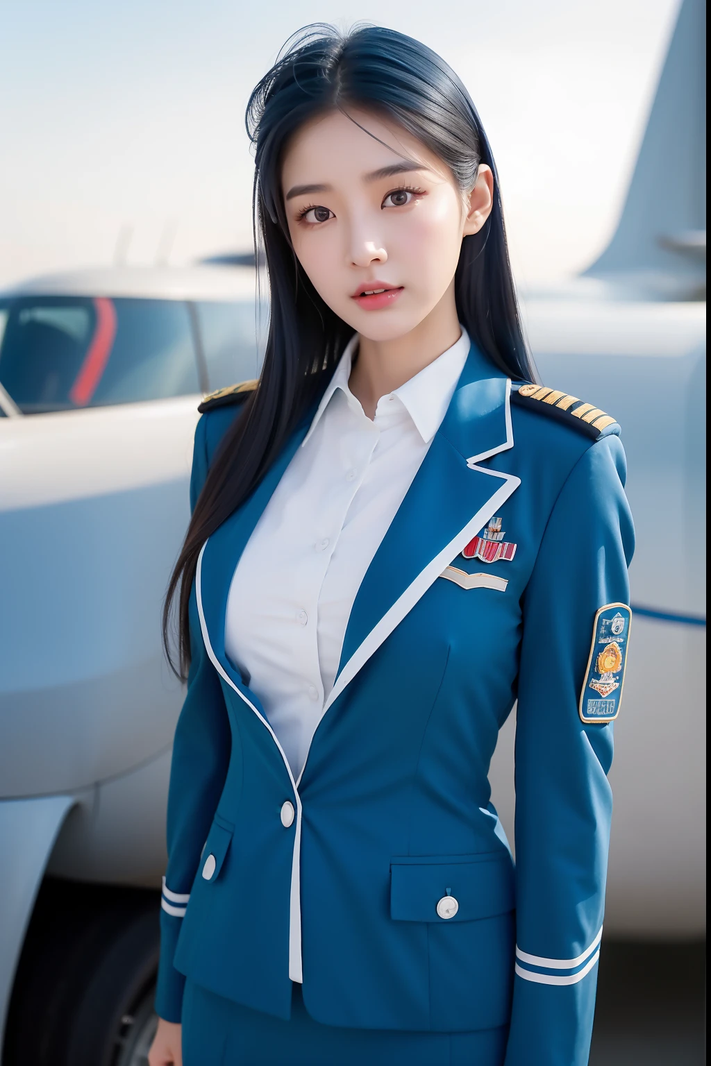 arafed asian woman in a blue and white uniform standing in front of a plane, cute pilot girl, korean girl, jaeyeon nam, beautiful south korean woman, cute girl wearing tank suit, pilot girl, taejune kim, korean woman, heonhwa choe, gorgeous young korean woman, girl with warship parts, wearing dirty ripped flight suit, beautiful south korean woman, korean girl, beautiful young korean woman, korean woman, heonhwa choe, korean women's fashion model, sexy look, big breast, sexy pose, show breast, light blue hair