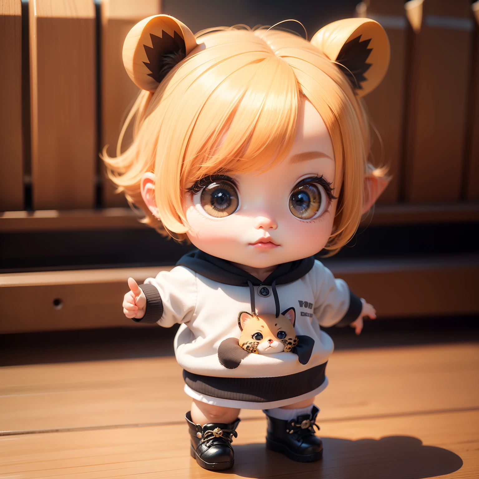 (Best Quality), (masutepiece), Charming chibi animation of cute baby with leopard-like face, (Chibi 3D): 1.3, (A detailed face:1.2), (Standing posture:1.1), Royal T Heater Background,Jumping