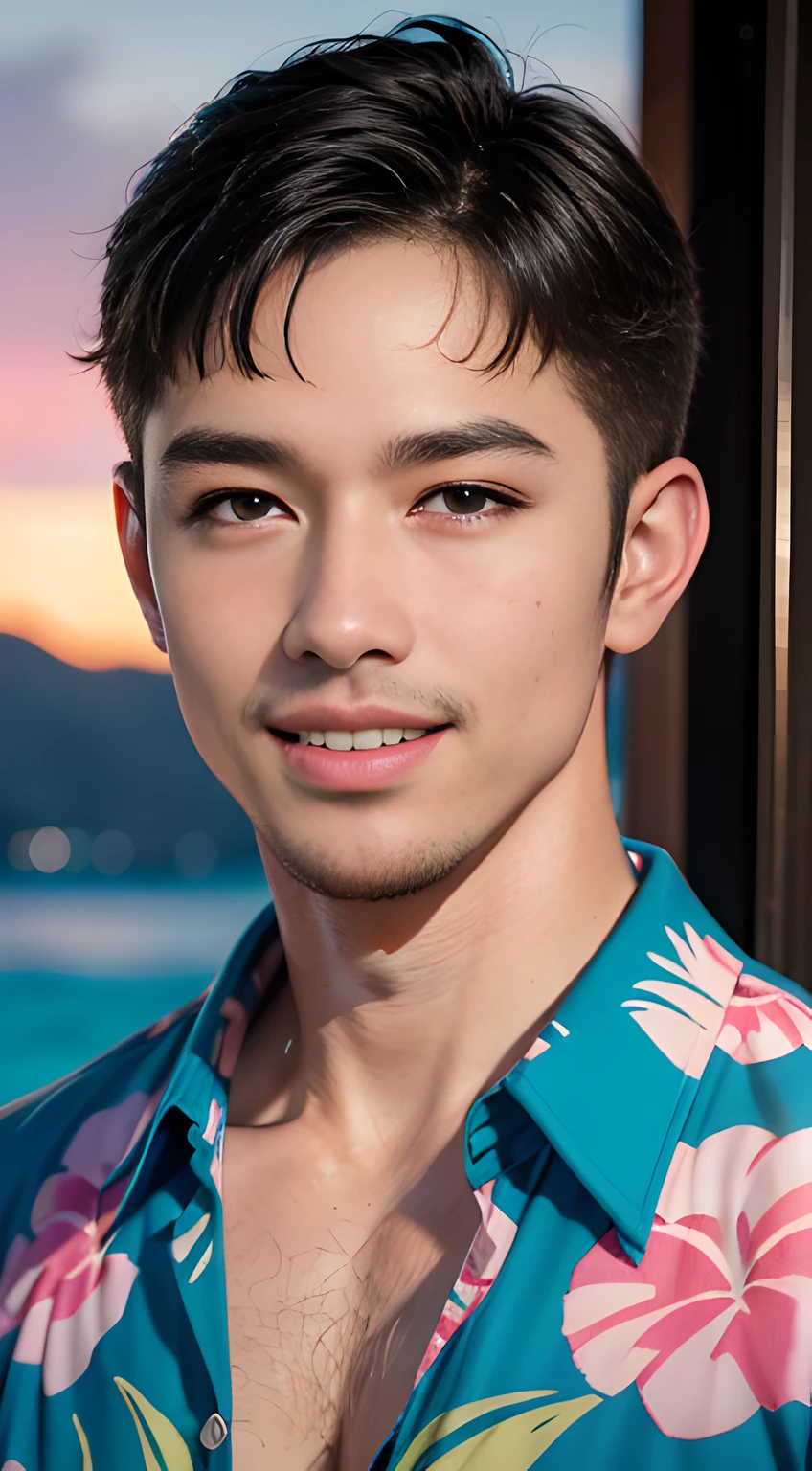 ((Men only)), (head shot), (look straight ahead), ((sunburned skin)), (showing his cleavage), (showing his abs), ((wearing a pink Hawaiian aloha shirt)), (in waikiki beach), (Diamond Head in the background), ((Chris Redfield), (black straight hair), (hawaiian Handsome muscle man in his 10s), (big Smile), (detaile: 1 in 1), Natural muscles, HIG quality, beautidful eyes, (Detailed face and eyes), (Face、: 1 / 2), Noise, Real Photographics、... ...................................................................................................................PSD, Sharp Focus, High resolution 8K, realisitic & Professional Photography, 8K UHD, Soft lighting, High quality, Film grain, FujifilmXT3
