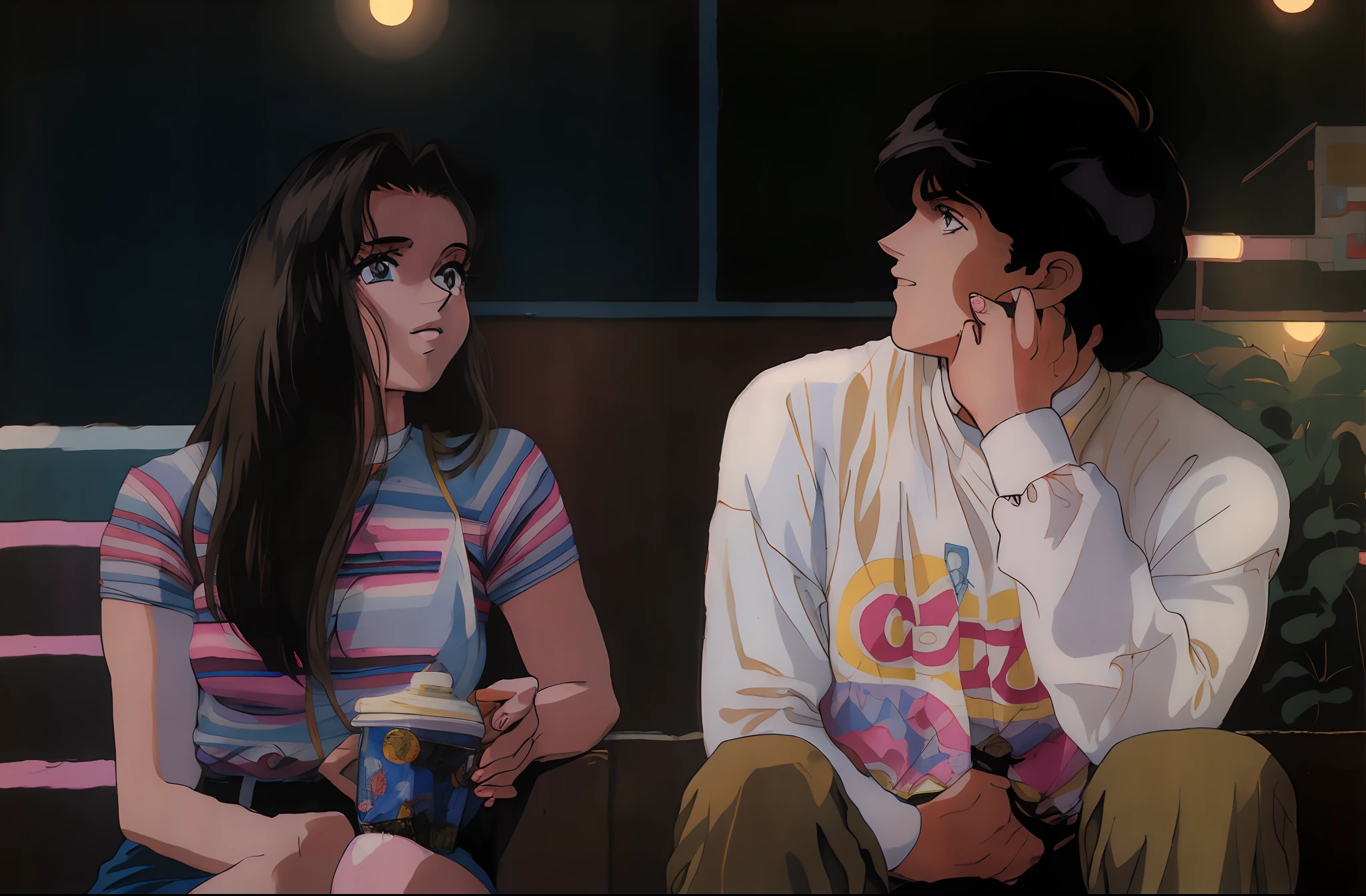 Anime scene, retro anime, 1980s, 1990s, retro aesthetics, white girl on the left, sweet white guy on the right, happy, soft color, couple sitting, smiling, 1girl, cute, fashionable, retro fashion hairstyle
