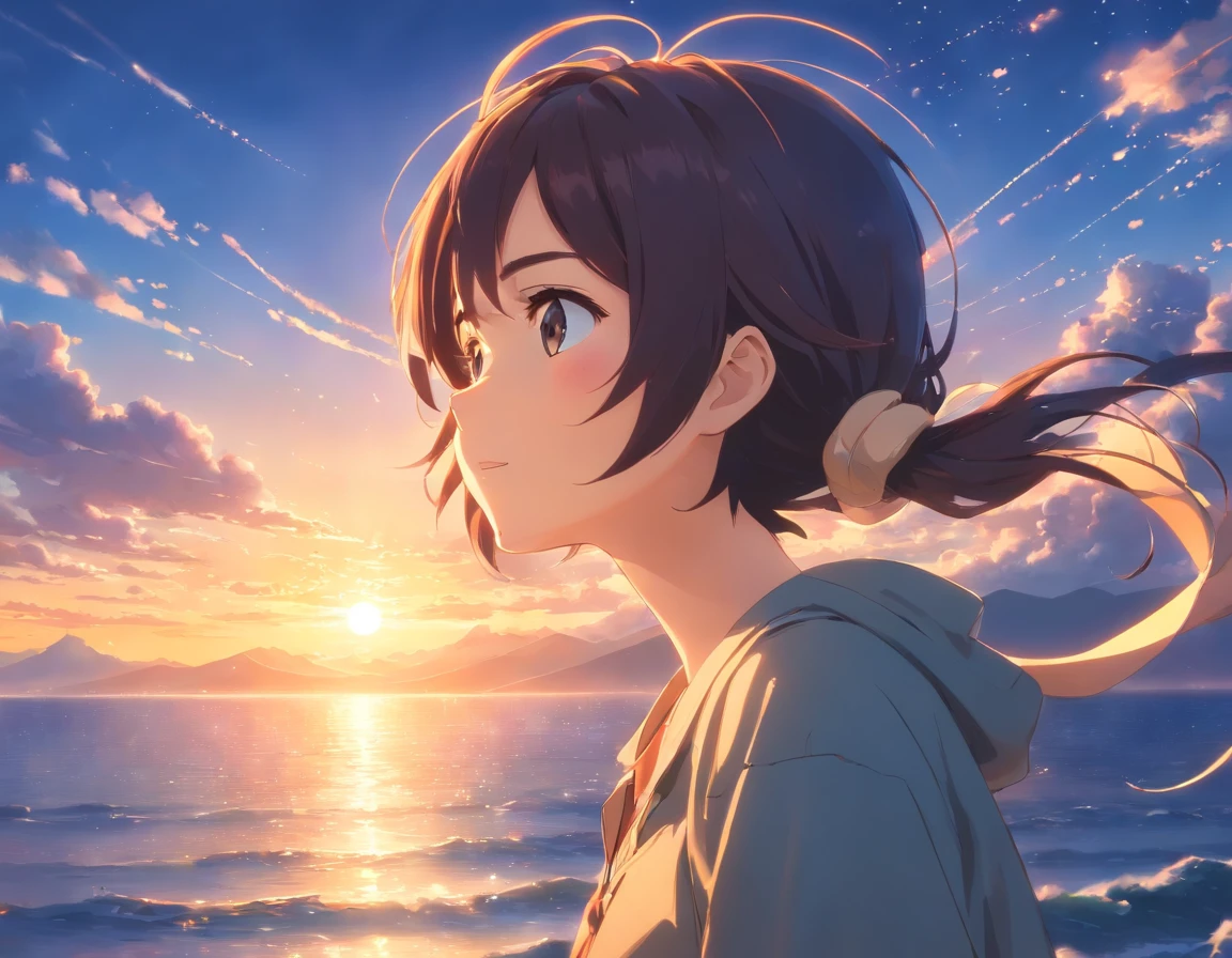 obra-prima, melhor qualidade, filme ainda, homem, nuvem, floating into the sky, close-up, brilhante, bravo, Soft lighting and Warm, sun sunset, (Sparks: 0,7)