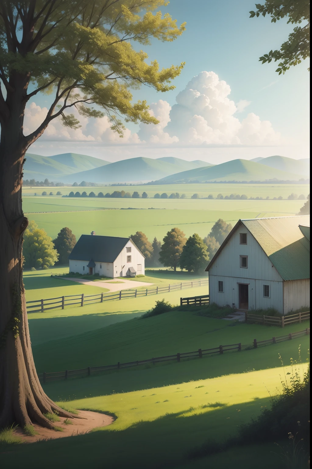 A painting of a summertime landscape, green trees, green grass, farm buildings with silos, daytime light.