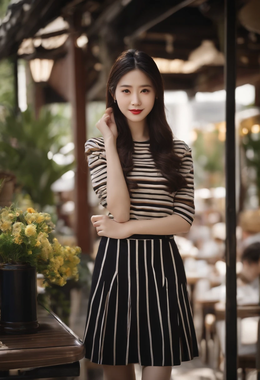 A Japanese Lady、light skinned, Women around 19 years old, Natural black hair, 　characteristic dark brown eyes,,,,, Wearing a striped jersey, slender and graceful,,Beautiful,Ultra Sharp Focus, realistic shot, Athletic wear with vertical stripes、a black skirt、Tetradic color、
（Restaurant decorated with flowers, Cafe on the open terrace,Pastel signs、European Way）、top-quality