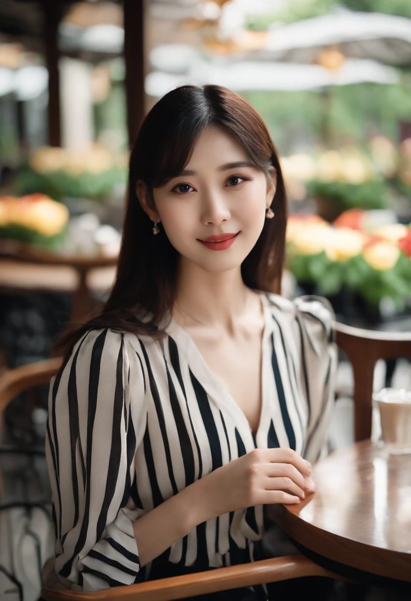 A Japanese Lady、light skinned, Women around 19 years old, Natural black hair, 　characteristic dark brown eyes,,,,, Wearing a striped jersey, slender and graceful,,Beautiful,Ultra Sharp Focus, realistic shot, Athletic wear with vertical stripes、a black skirt、Tetradic color、
（Restaurant decorated with flowers, Cafe on the open terrace,Pastel signs、European Way）、top-quality
