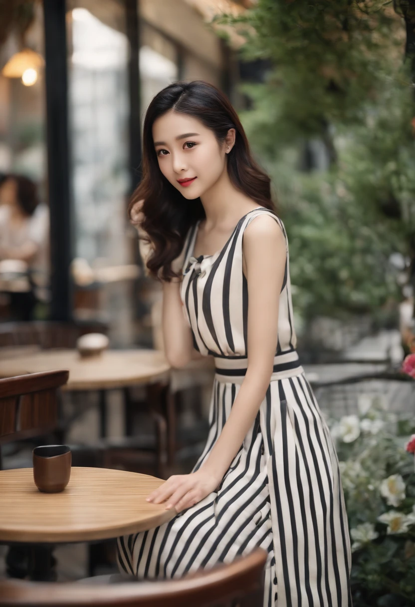 A Japanese Lady、light skinned, Women around 19 years old, Natural black hair, characteristic dark brown eyes,,,,, Wearing a striped jersey, slender and graceful,,Beautiful,Ultra Sharp Focus, realistic shot, Athletic wear with vertical stripes、a black skirt、Tetradic color、
(Restaurant decorated with flowers, Cafe on the open terrace,Pastel signs、European Way)、top-quality