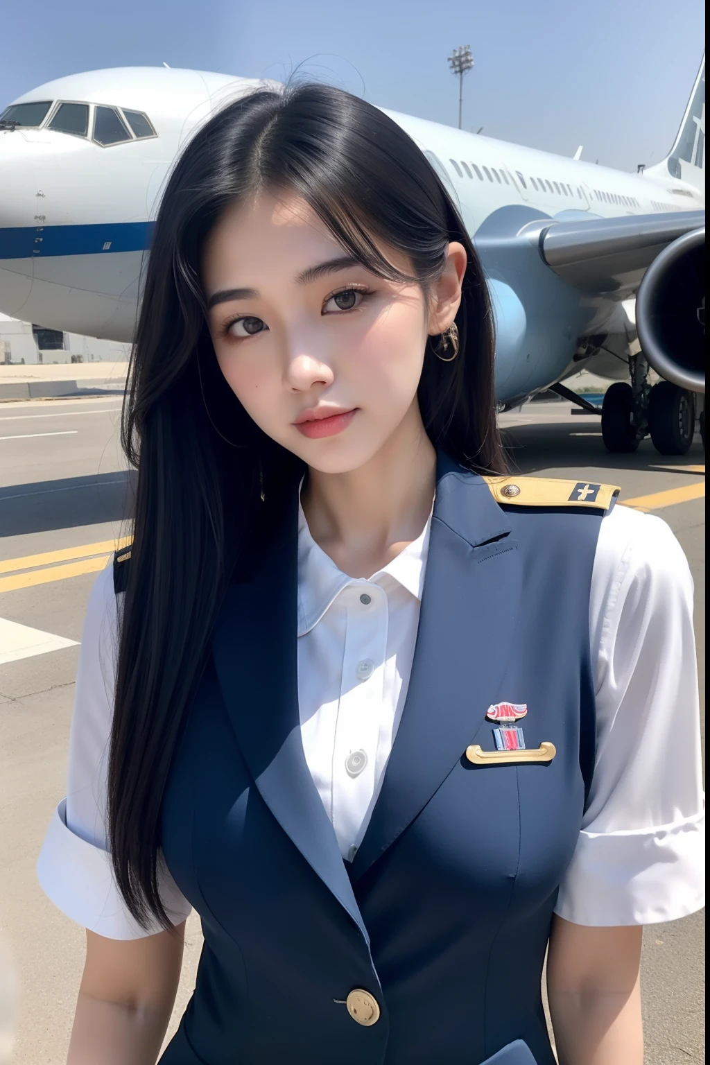 arafed asian woman in a blue and white uniform standing in front of a plane, cute pilot girl, korean girl, jaeyeon nam, beautiful south korean woman, cute girl wearing tank suit, pilot girl, taejune kim, korean woman, heonhwa choe, gorgeous young korean woman, girl with warship parts, wearing dirty ripped flight suit, beautiful south korean woman, korean girl, beautiful young korean woman, korean woman, heonhwa choe, korean women's fashion model, sexy look, big breast, sexy pose, show breast, light blue hair