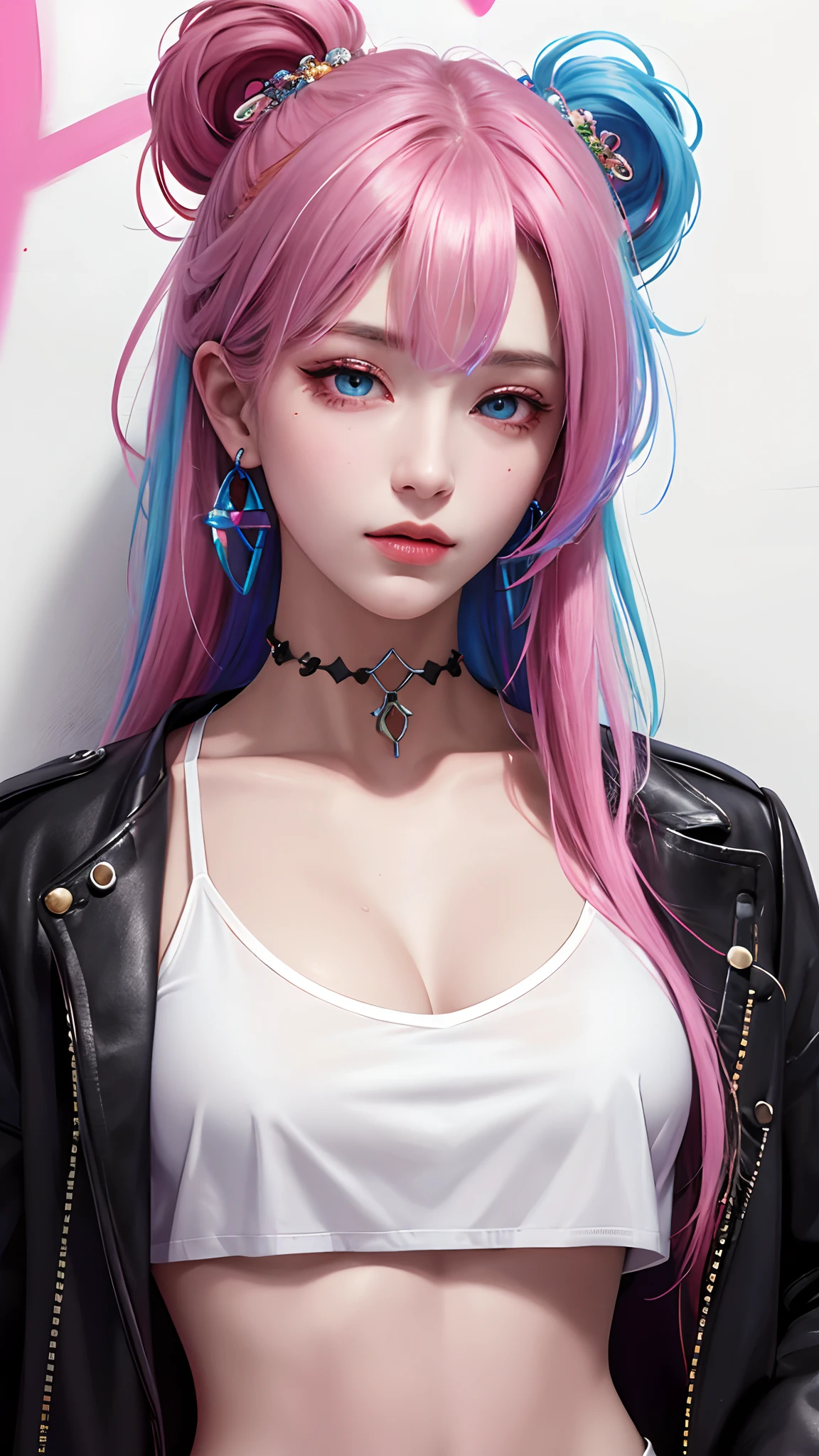 (masterpiece, best quality, 1girl, solo, intricate details, chromatic aberration), realistic, ((medium breath)),long hair, rainbow hair, red head ornament, colorful highlights, hair over one eye, detailed eyes, earrings, sharp eyes, choker, neon shirt, open jacket, crop top, (symmetry eyes),(perfect symmetrical body),against wall, brick wall, graffiti, dim lighting, alley, look at viewer, attractive style, whole body capture,