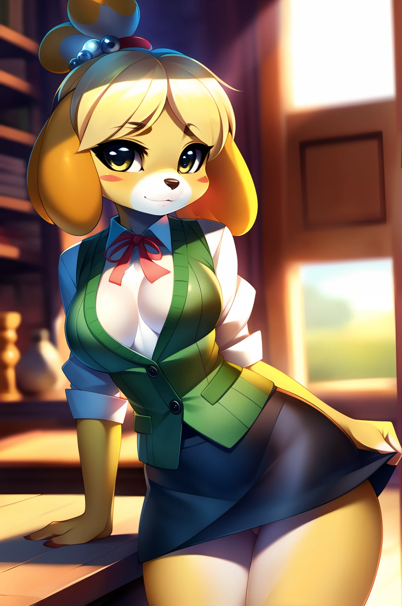 Isabelle from animal crossing, anthro, beautiful girl, full body, attractive body, slim beautiful body, attractive beautiful face, big chest, ultra hd, hdr,  intricate detail, masterpiece, 8k, nsfw, in the style of tsampikos, high saturation, glowing colors, classic outfit, white shirt, green vest, black skirt, tits out, chibi, short