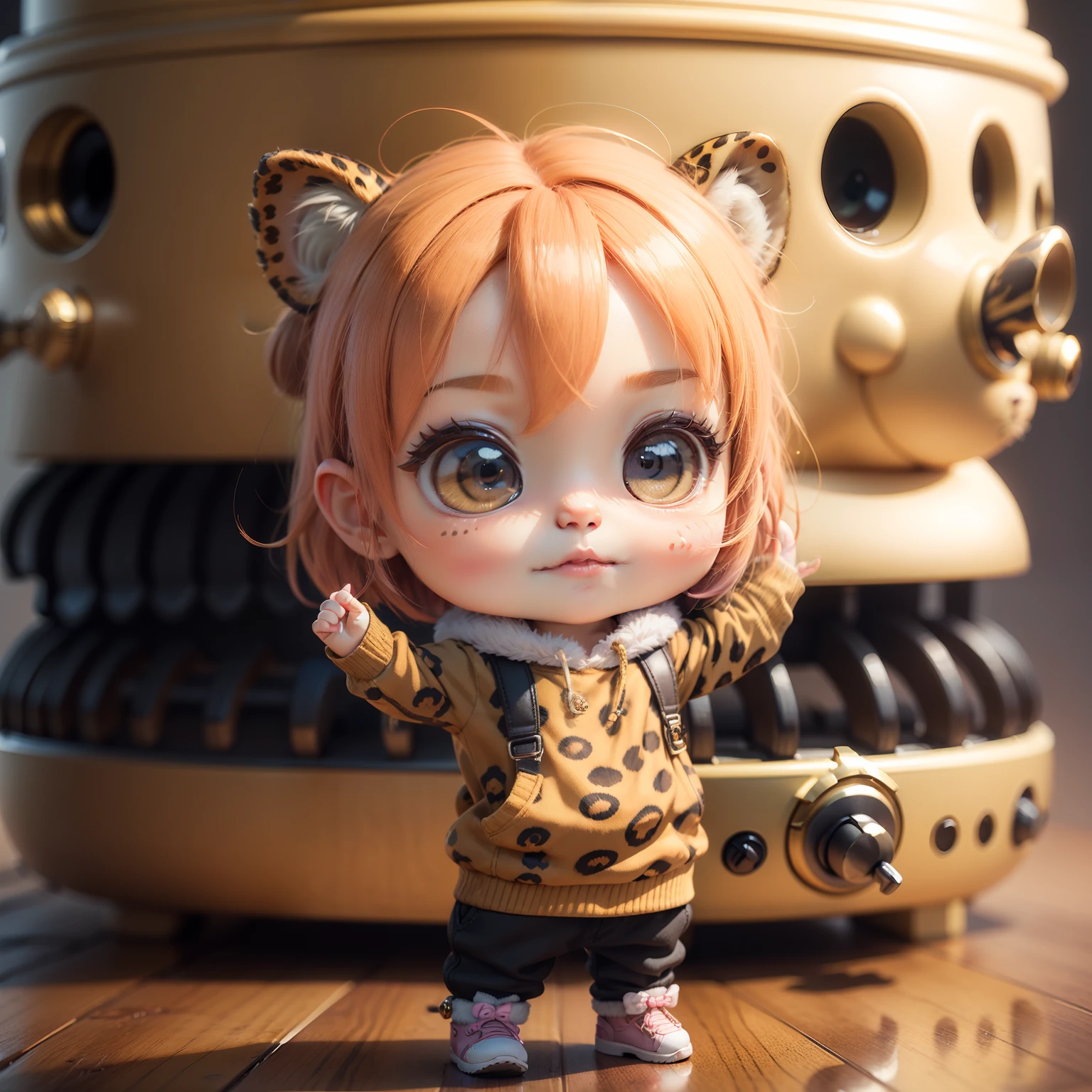 (Best Quality), (masutepiece), Charming chibi animation of cute baby with leopard-like face, (Chibi 3D): 1.3, (A detailed face:1.2), (Standing posture:1.1), Royal T Heater Background,Jumping