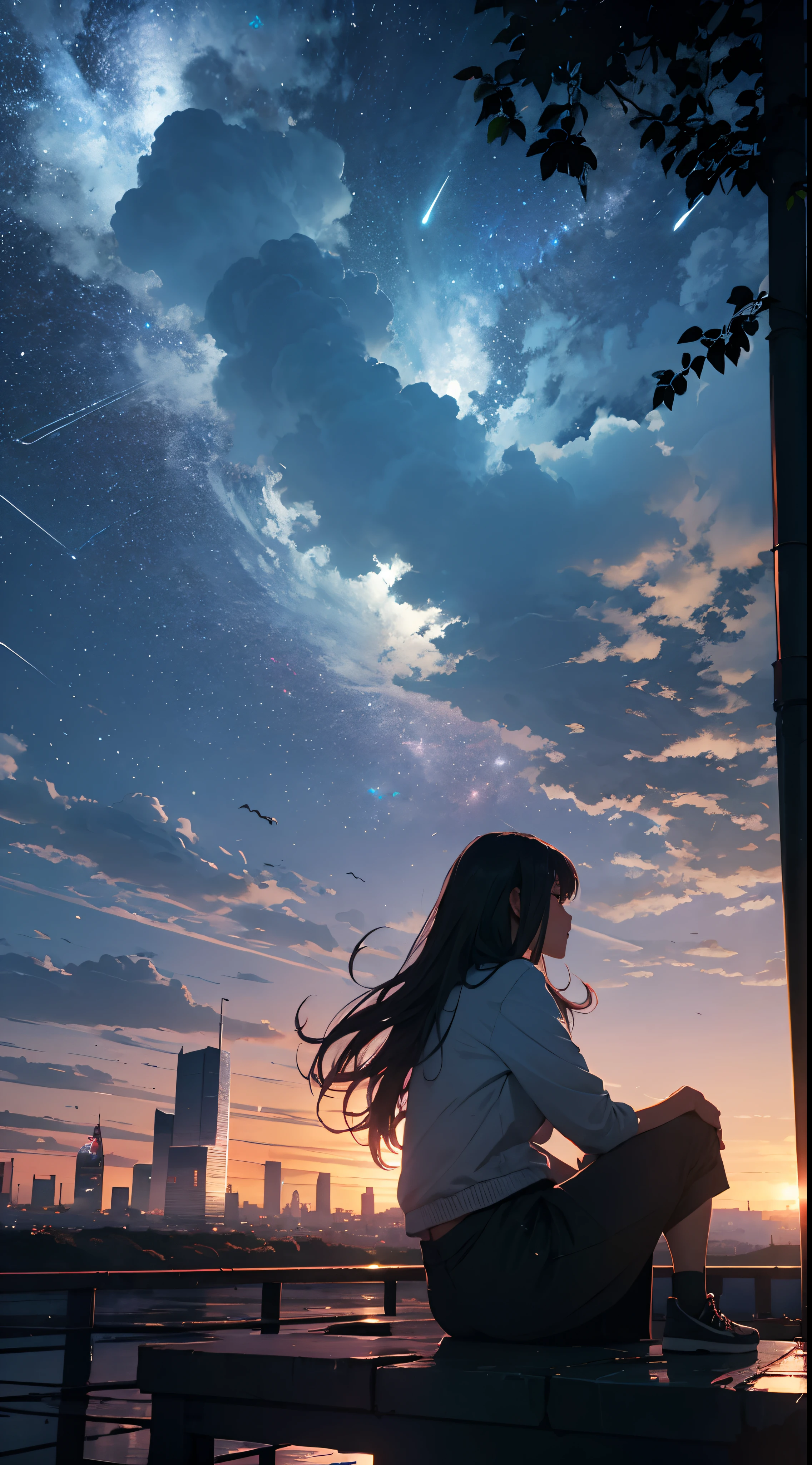 Anime girl sitting on a bench looking at the sky with a city in the ...