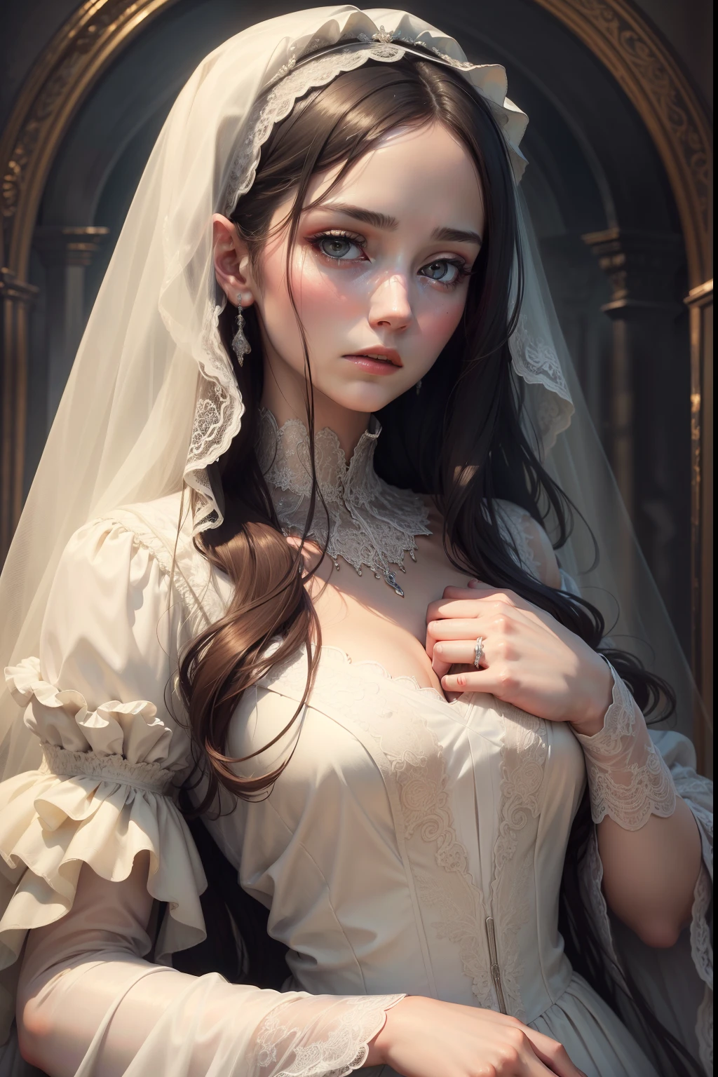 (best quality, highres, masterpiece:1.2), sad woman, wedding dress, detailed face and expression, flowing gown, long veil, elegant lace details, soft and muted colors, romantic lighting, dream-like atmosphere, portrait style, tearful eyes, delicate hands, solemn atmosphere