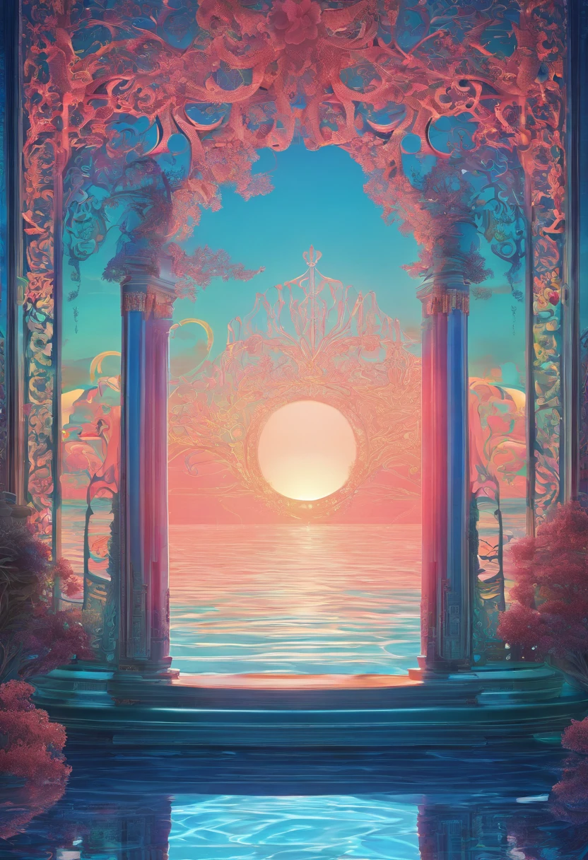 Virtual Scene Design, Coral Art Installation on Blue Sea, galvanized fiberglass with rainbow gradation, Surreal visual representation, majestic architecture, Unique, Convoluted, exquisitedetails,(blender, OC rendering, Natural light, Ray tracing, 8K)