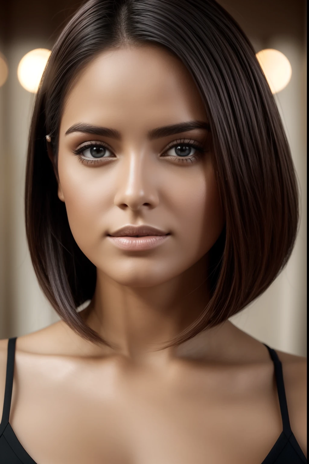 Natural photograph of a beautiful girl, usar un crop top no ajustado con escote, inclinarse sobre, cabello medio suelto, Busto grande, Lock your eyes on camera, eyes symmetrical, face symmetrical, fotorrealista, Piel fotorrealista con poros, Cinematographer, Seguimiento de rutas, specular lighting, Volumetric light for the face, Camino trazado del cabello, Sombras visibles, intrincado, elaborar