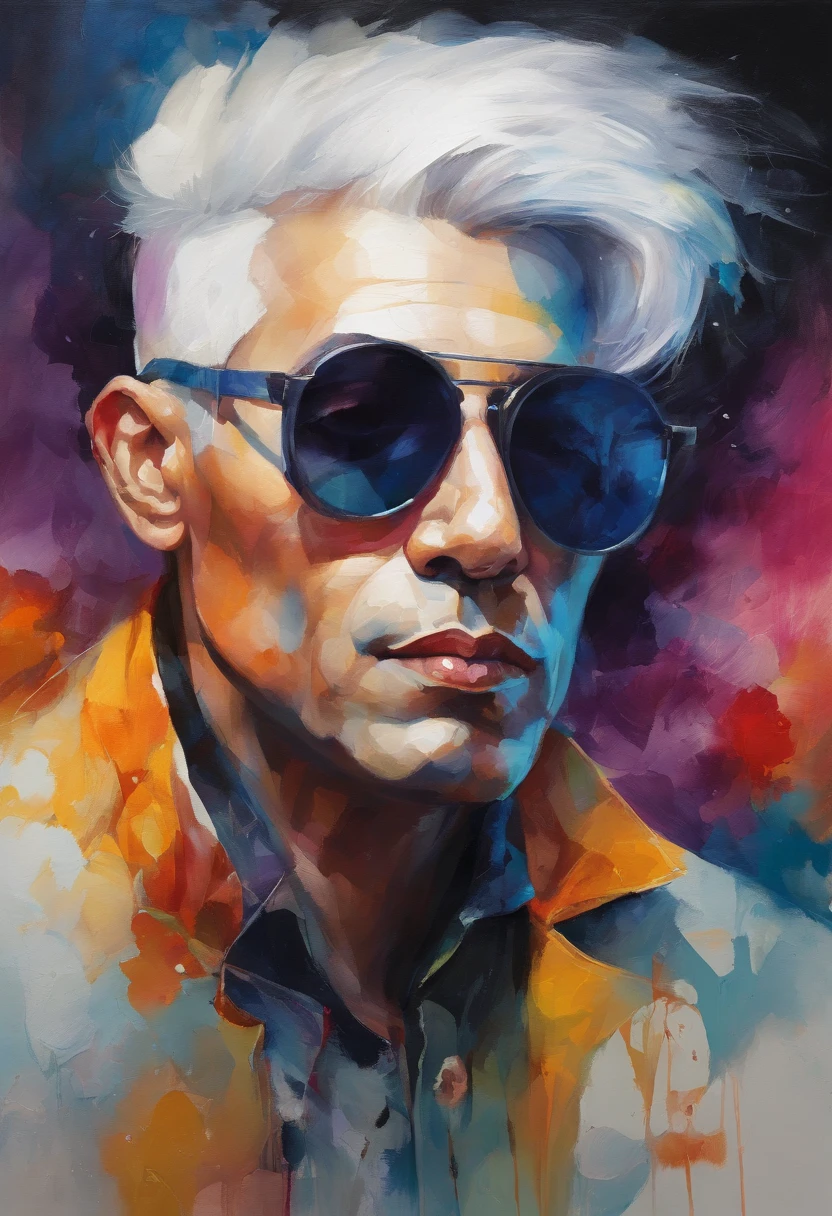 Close up portrait of man wearing white wig and sunglasses, inspired by Yanjun Cheng, Guviz-style artwork, bright cyberpunk glow, lofi artstyle, style hybrid mix of beeple, Authors：yangjun chen, Beeple and Jeremiah Ketner, dreamy colorful cyberpunk colors, Beeple and James Jean, cyberpunk vibe、Dark theme and Vasilikandinsky-inspired style.