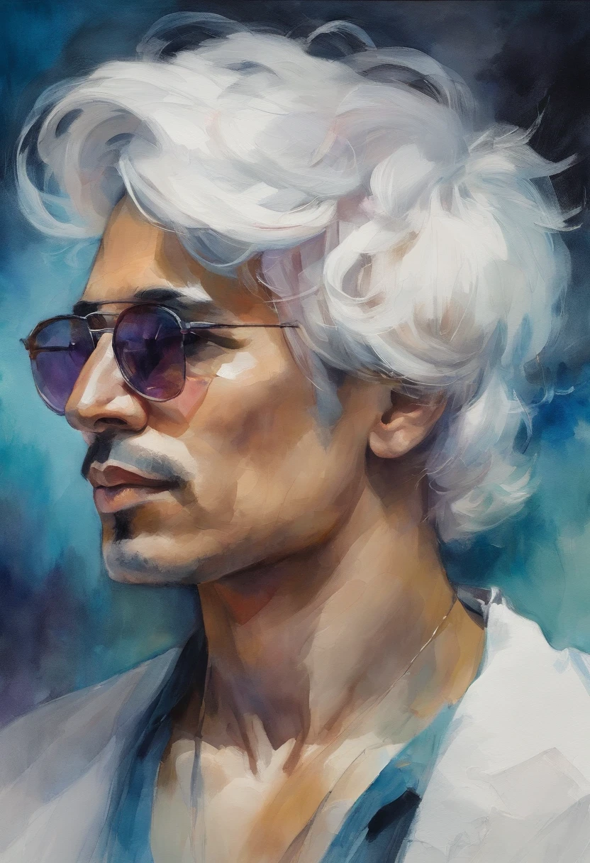 Close up portrait of man wearing white wig and sunglasses, inspired by Yanjun Cheng, Guviz-style artwork, bright cyberpunk glow, lofi artstyle, style hybrid mix of beeple, Authors：yangjun chen, Beeple and Jeremiah Ketner, dreamy colorful cyberpunk colors, Beeple and James Jean, cyberpunk vibe、Dark theme and Vasilikandinsky-inspired style.