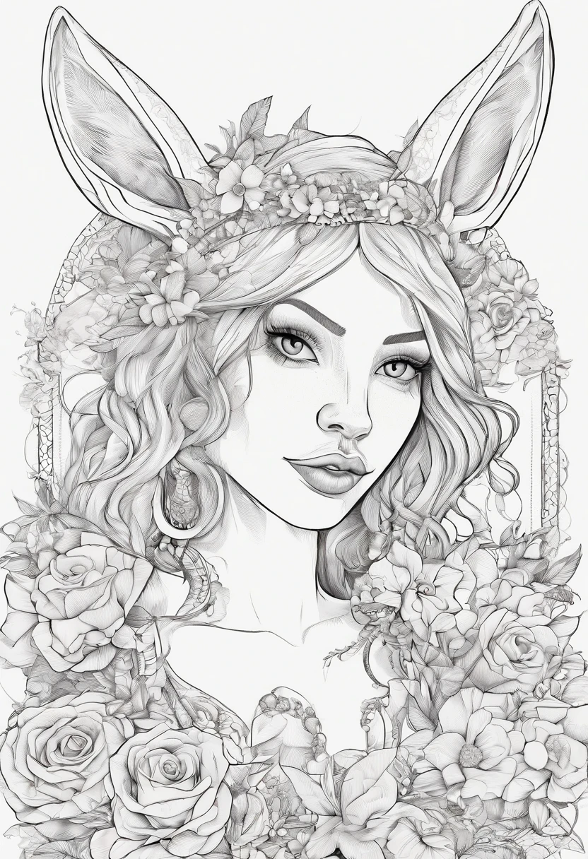 1girl solo, two long fluffy pink bunny ears, pink hair, medium-length bob, yellow-blue eyes, heterochromia, two fangs, two tiny horns, one strand of hair going straight up bending into a heart, ahoge, several piercings, piercings, tattoos, flower tattoo, tentacle tattoo, two blue earrings on her right bunny ear, a golden heart shaped flesh tunnel on her left bunny ear, a little heart tattoo on her tongue, a womb tattoo on herower belly, flower tattoos on her left forearm and left upper thigh and a tentacle tattoo across her right arm, best quality, highres, high details, super detailed, textured skin, small waist, small torso, big hips, thick thighs, 4k, 8k-cg wallpaper, UHD,